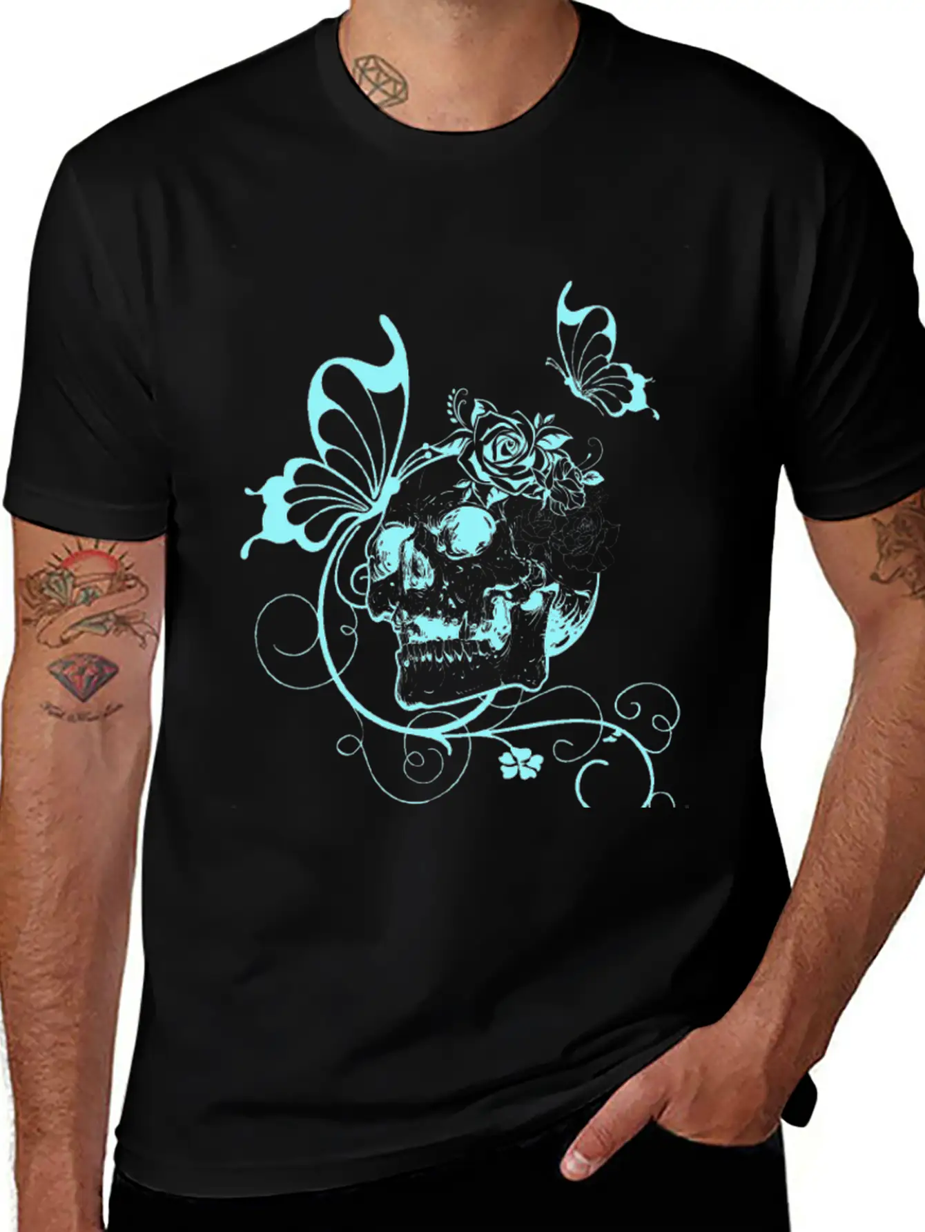 Skull With Flowers And Butterflies Breathable Soft Cotton T-Shirt – Timeless Casual Look