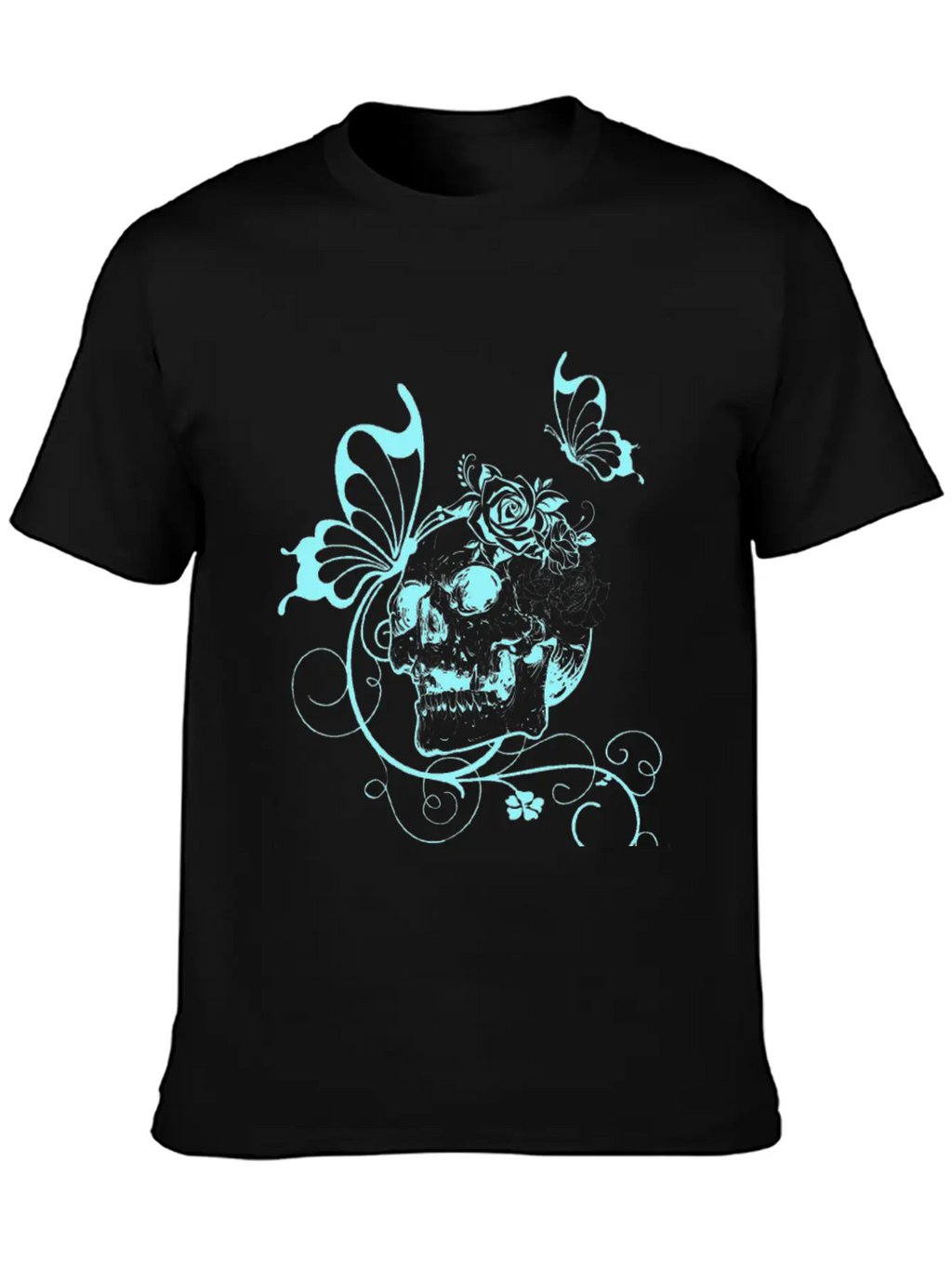 Skull With Flowers And Butterflies Breathable Soft Cotton T-Shirt – Timeless Casual Look