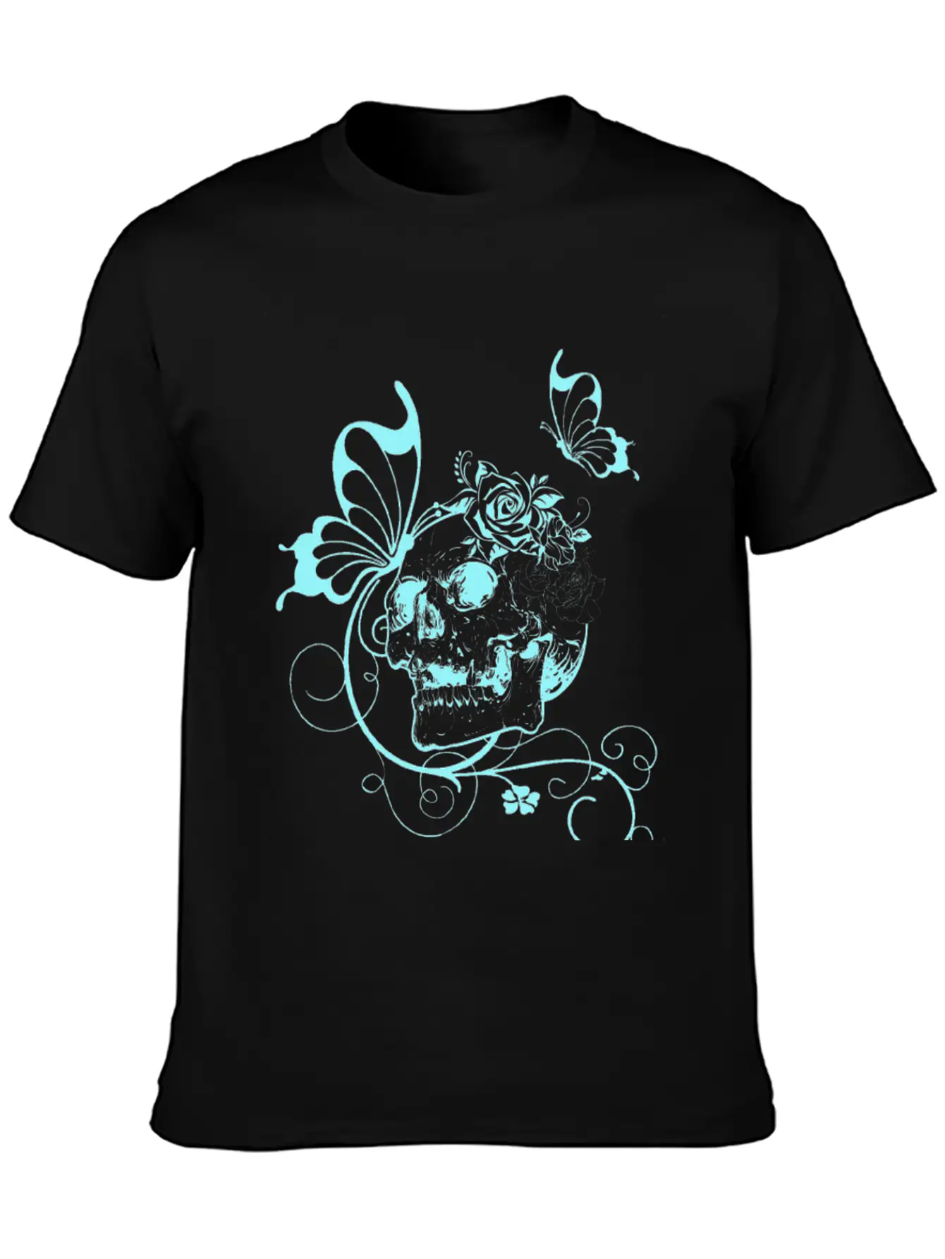 Skull With Flowers And Butterflies Breathable Soft Cotton T-Shirt – Timeless Casual Look