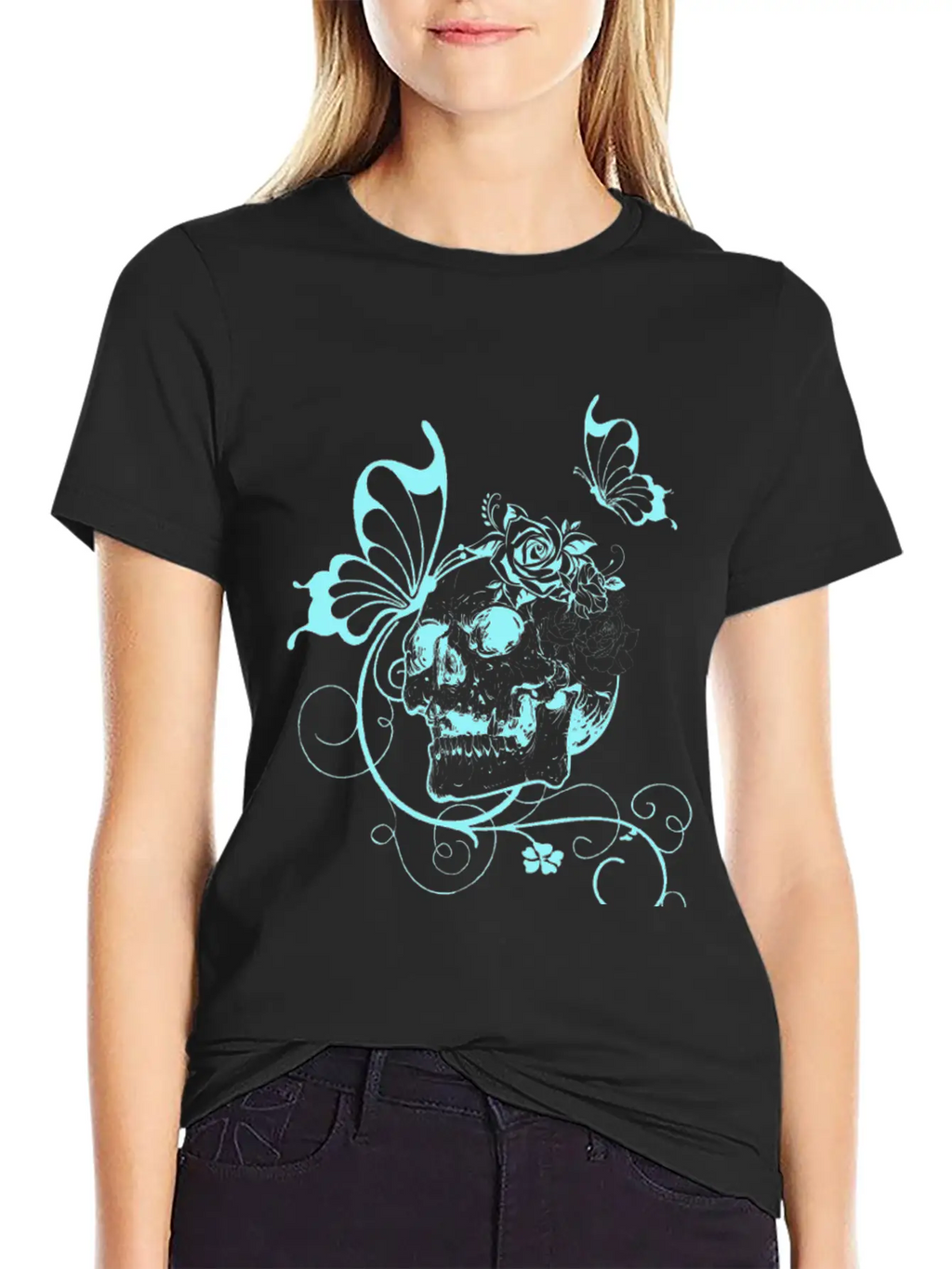 Skull With Flowers And Butterflies Breathable Soft Cotton T-Shirt – Timeless Casual Look