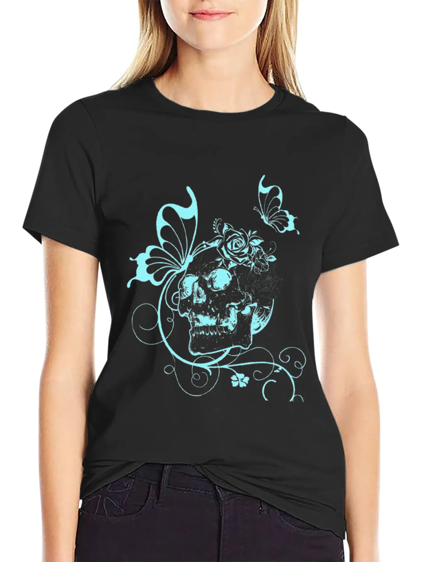 Skull With Flowers And Butterflies Breathable Soft Cotton T-Shirt – Timeless Casual Look