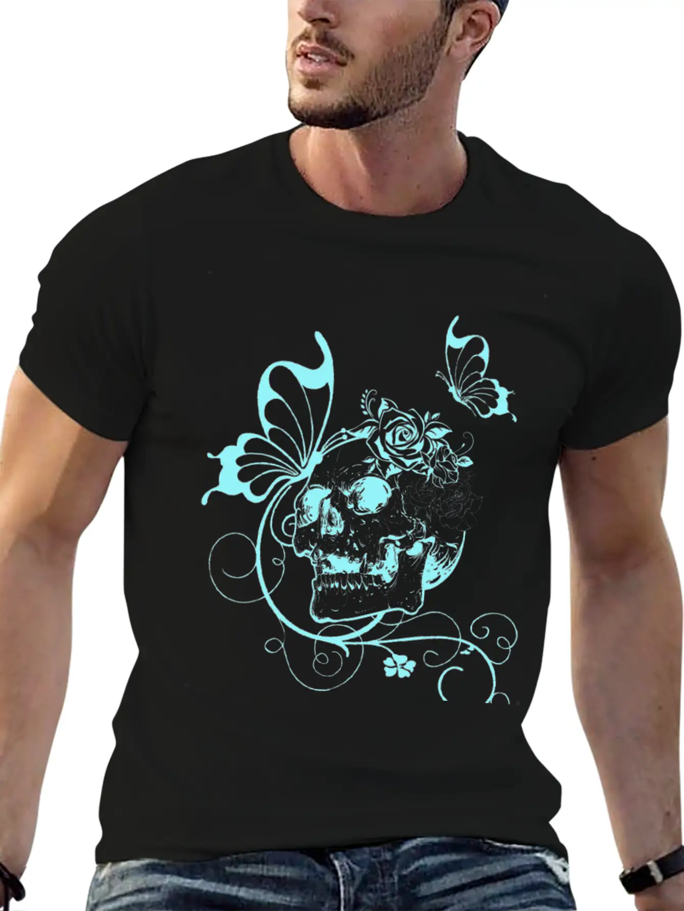 Skull With Flowers And Butterflies Breathable Soft Cotton T-Shirt – Timeless Casual Look