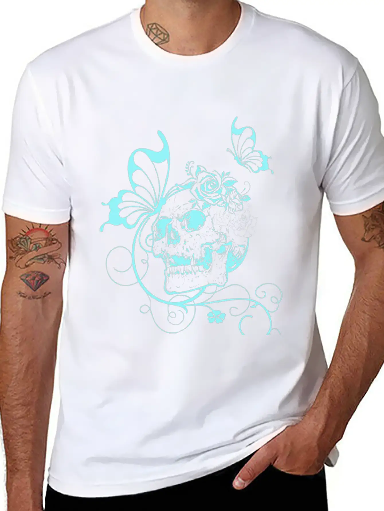 Skull With Flowers And Butterflies Breathable Soft Cotton T-Shirt – Timeless Casual Look