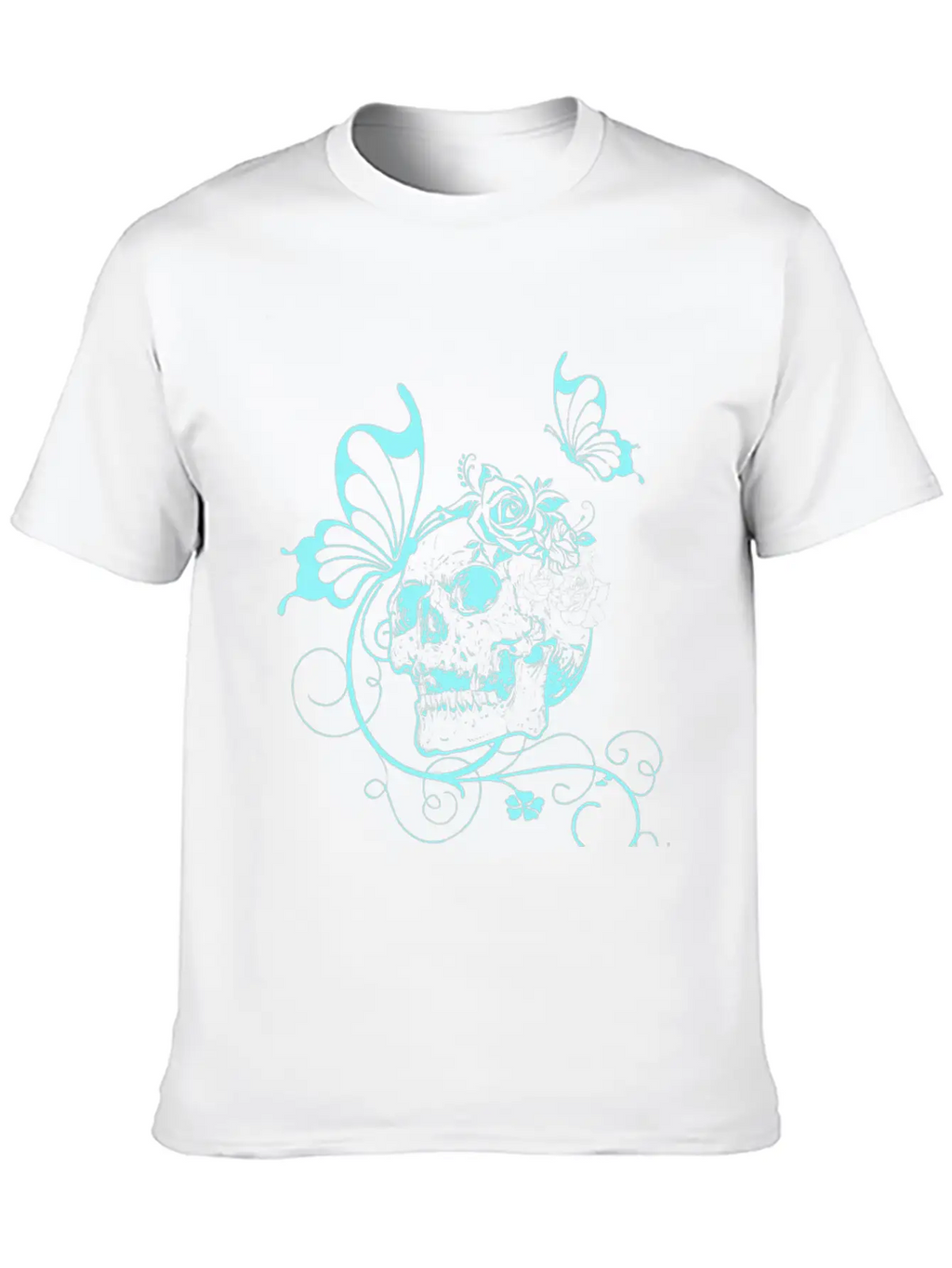 Skull With Flowers And Butterflies Breathable Soft Cotton T-Shirt – Timeless Casual Look