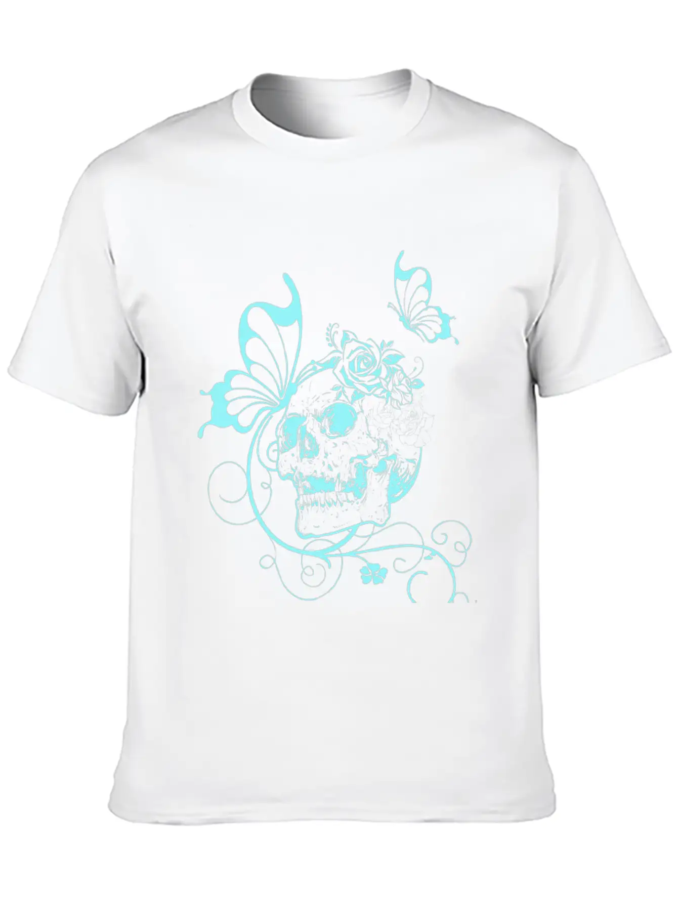 Skull With Flowers And Butterflies Breathable Soft Cotton T-Shirt – Timeless Casual Look