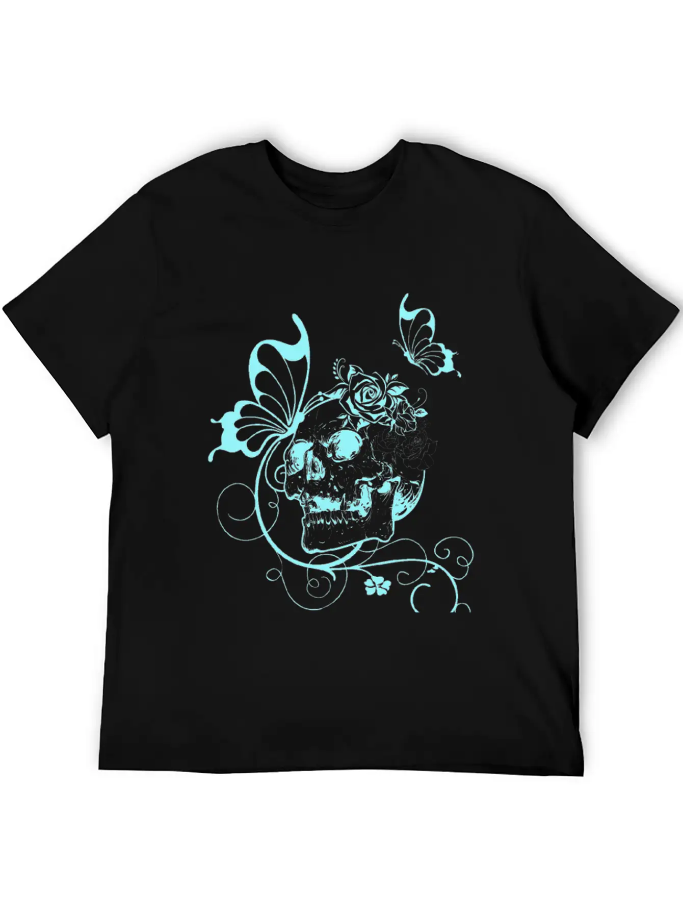 Skull With Flowers And Butterflies Breathable Soft Cotton T-Shirt – Timeless Casual Look