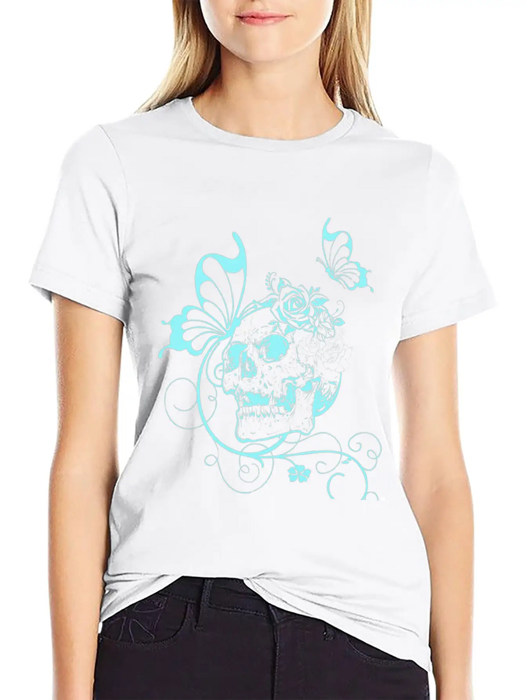 Skull With Flowers And Butterflies Breathable Soft Cotton T-Shirt – Timeless Casual Look