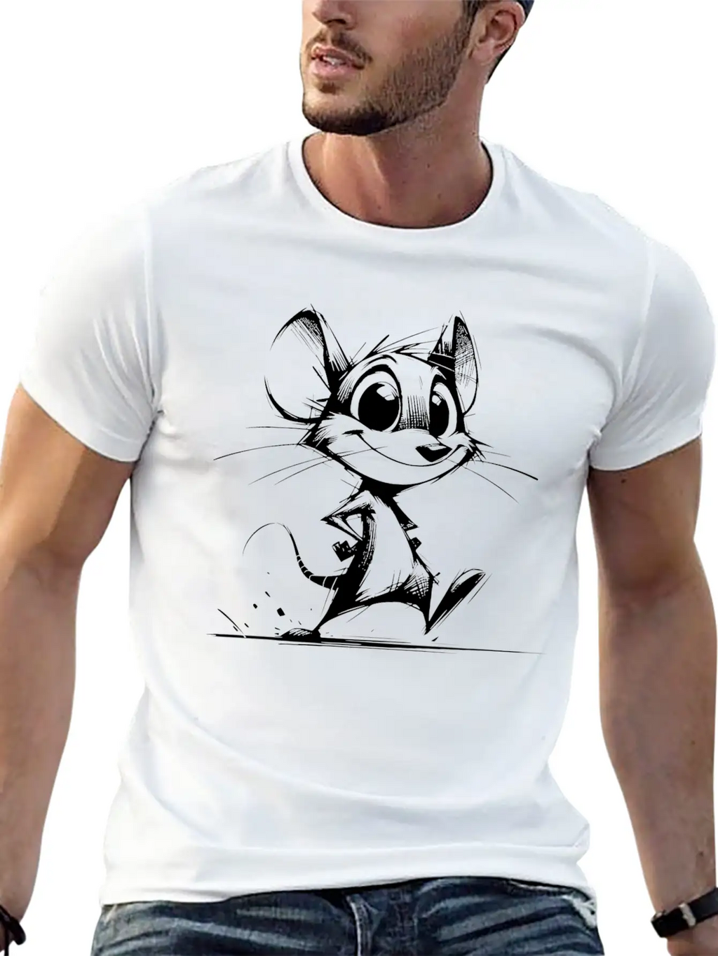 Smiling Children Mouse Pencil Sketch Breathable Soft Cotton T-Shirt – Timeless Casual Look