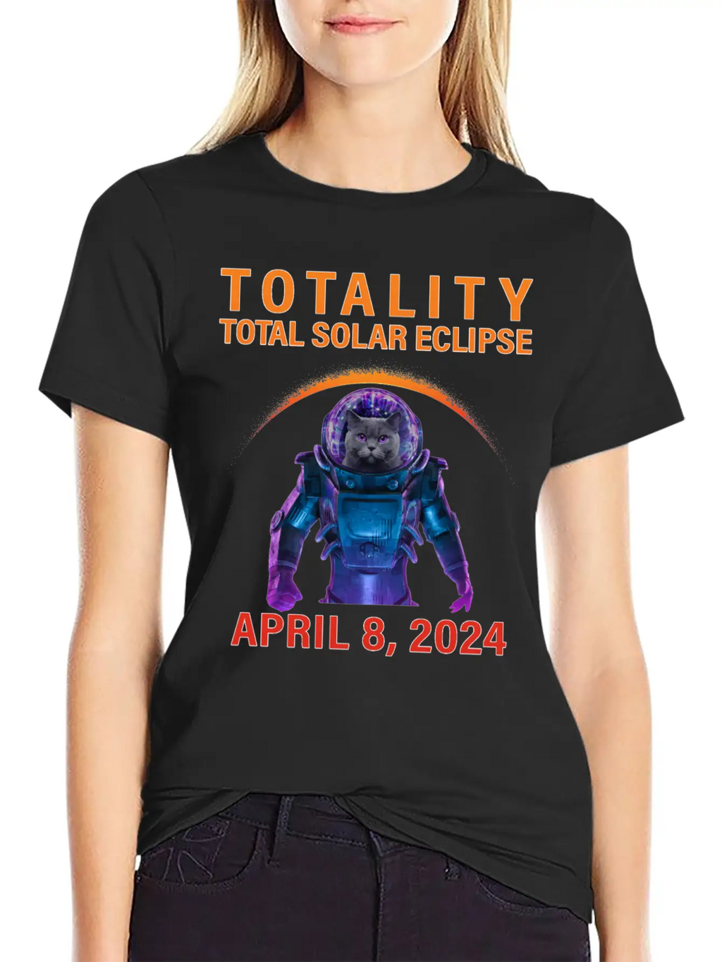 Solar Eclipse 2024 Space Cat Total Solar Eclipse Breathable Soft Cotton T-Shirt – Timeless Casual Look