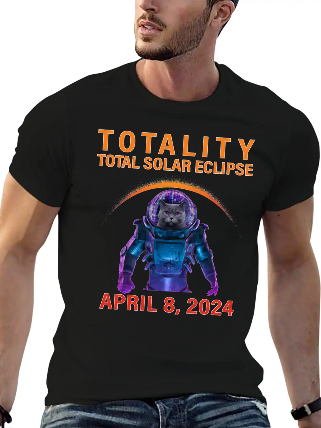 Solar Eclipse 2024 Space Cat Total Solar Eclipse Breathable Soft Cotton T-Shirt – Timeless Casual Look