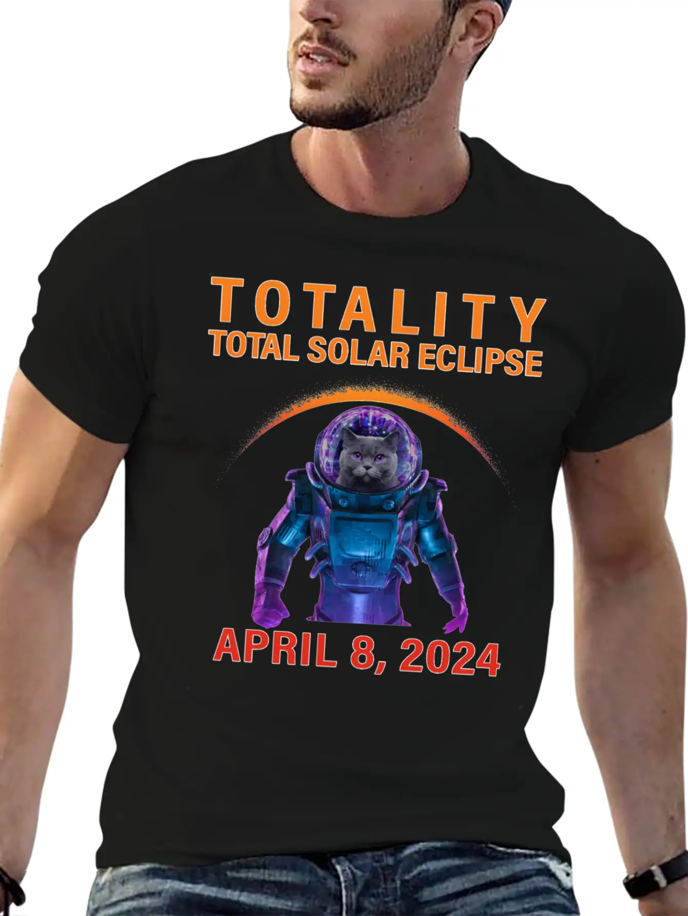 Solar Eclipse 2024 Space Cat Total Solar Eclipse Breathable Soft Cotton T-Shirt – Timeless Casual Look