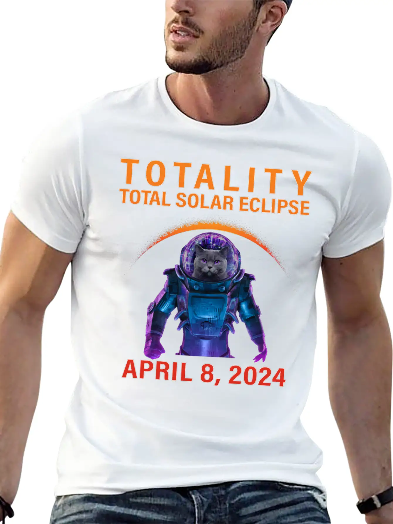 Solar Eclipse 2024 Space Cat Total Solar Eclipse Breathable Soft Cotton T-Shirt – Timeless Casual Look
