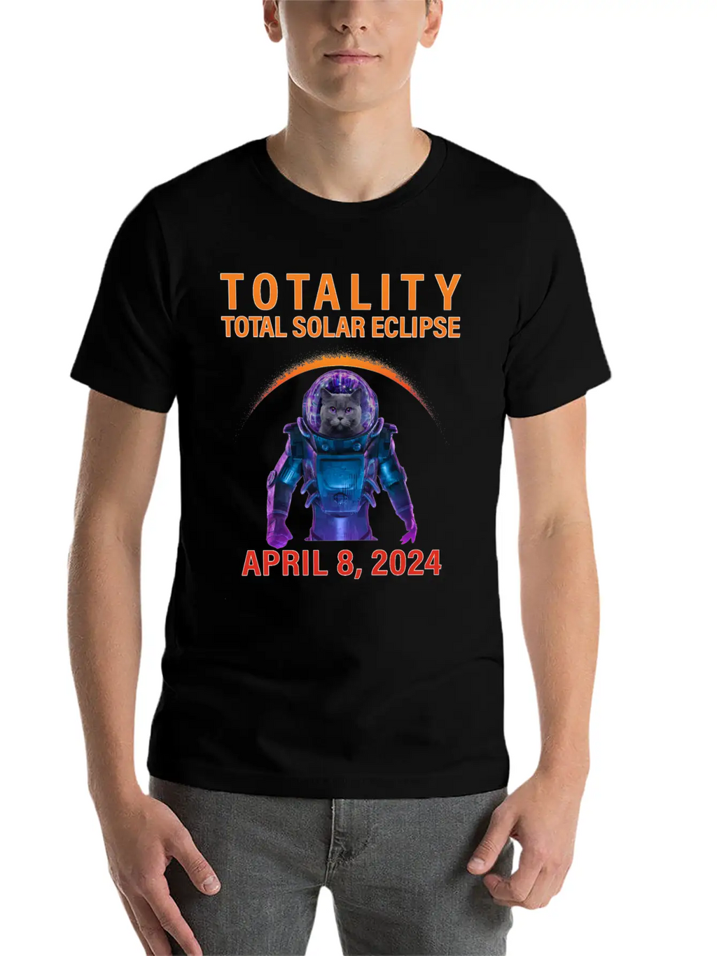 Solar Eclipse 2024 Space Cat Total Solar Eclipse Breathable Soft Cotton T-Shirt – Timeless Casual Look