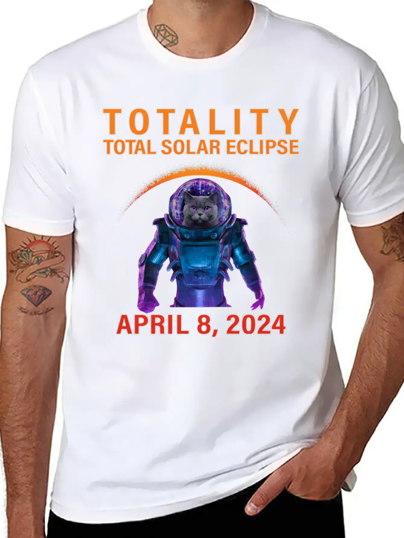 Solar Eclipse 2024 Space Cat Total Solar Eclipse Breathable Soft Cotton T-Shirt – Timeless Casual Look