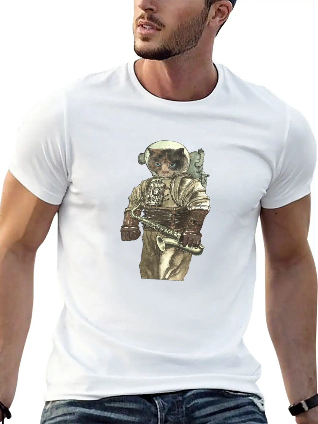 Space Cat With Saxophone Stylish Everyday T-Shirt – Unisex Basic Cotton Tee