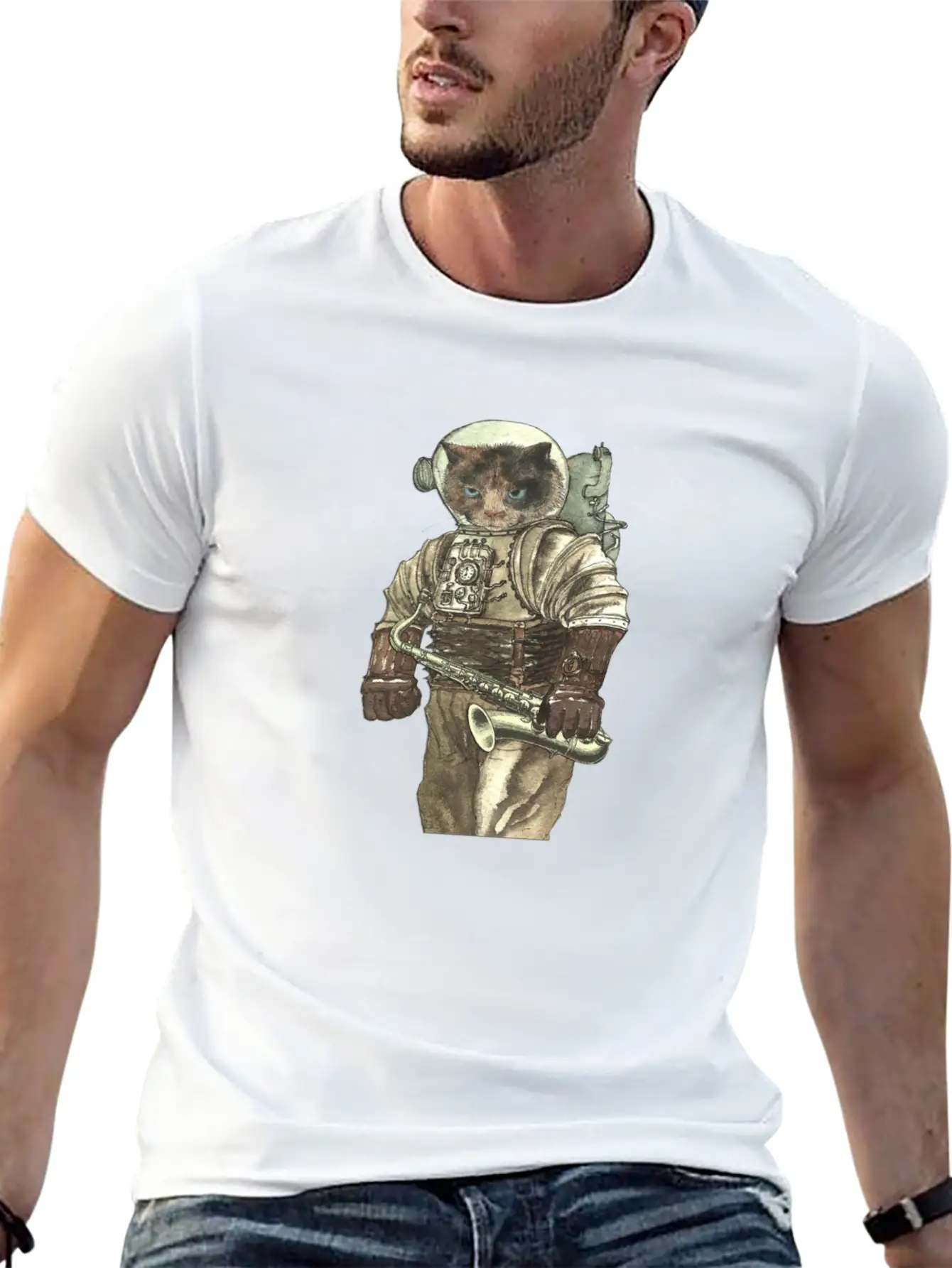 Space Cat With Saxophone Stylish Everyday T-Shirt – Unisex Basic Cotton Tee