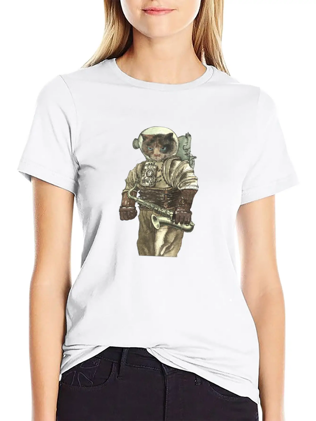 Space Cat With Saxophone Stylish Everyday T-Shirt – Unisex Basic Cotton Tee
