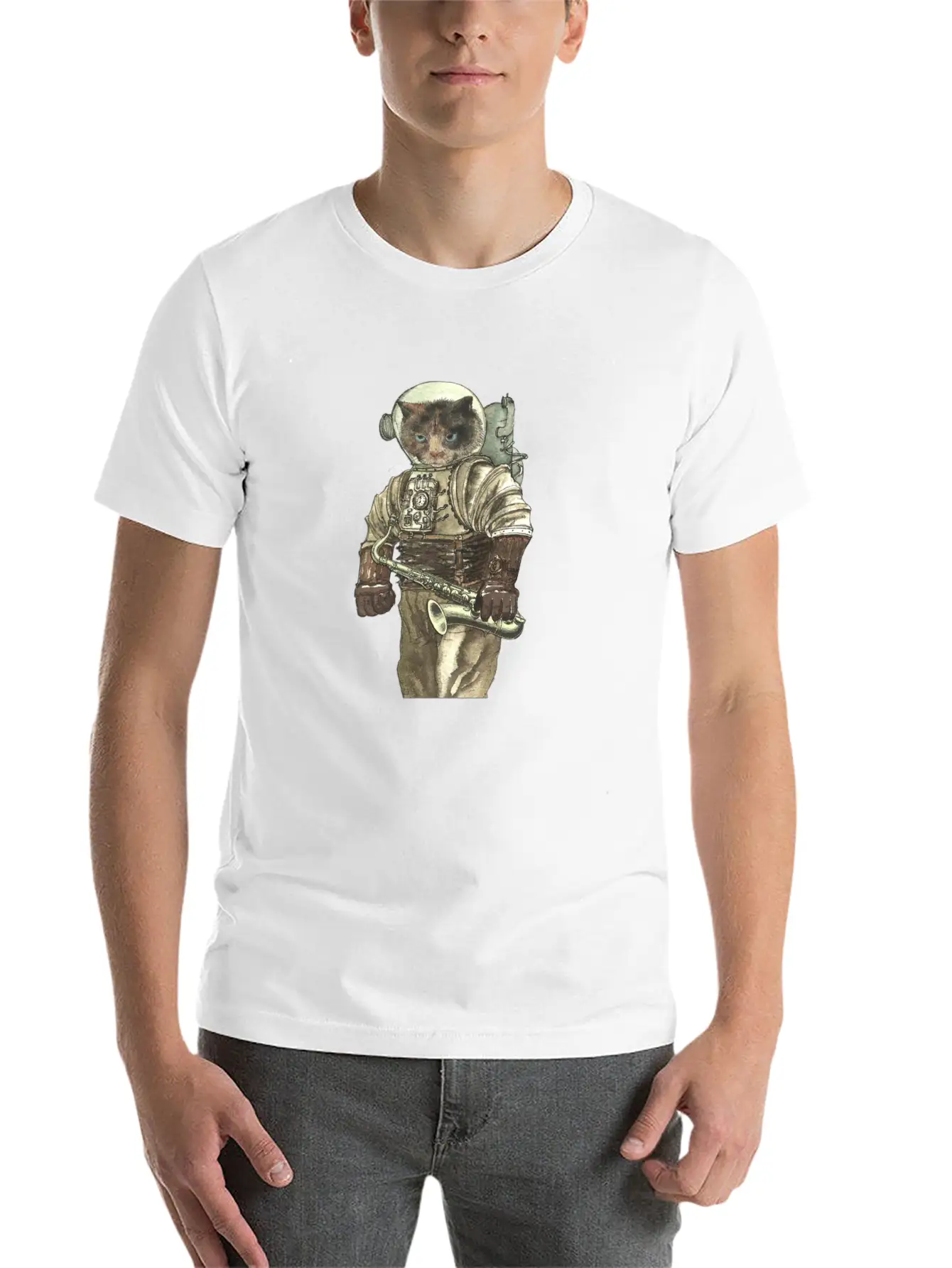 Space Cat With Saxophone Stylish Everyday T-Shirt – Unisex Basic Cotton Tee