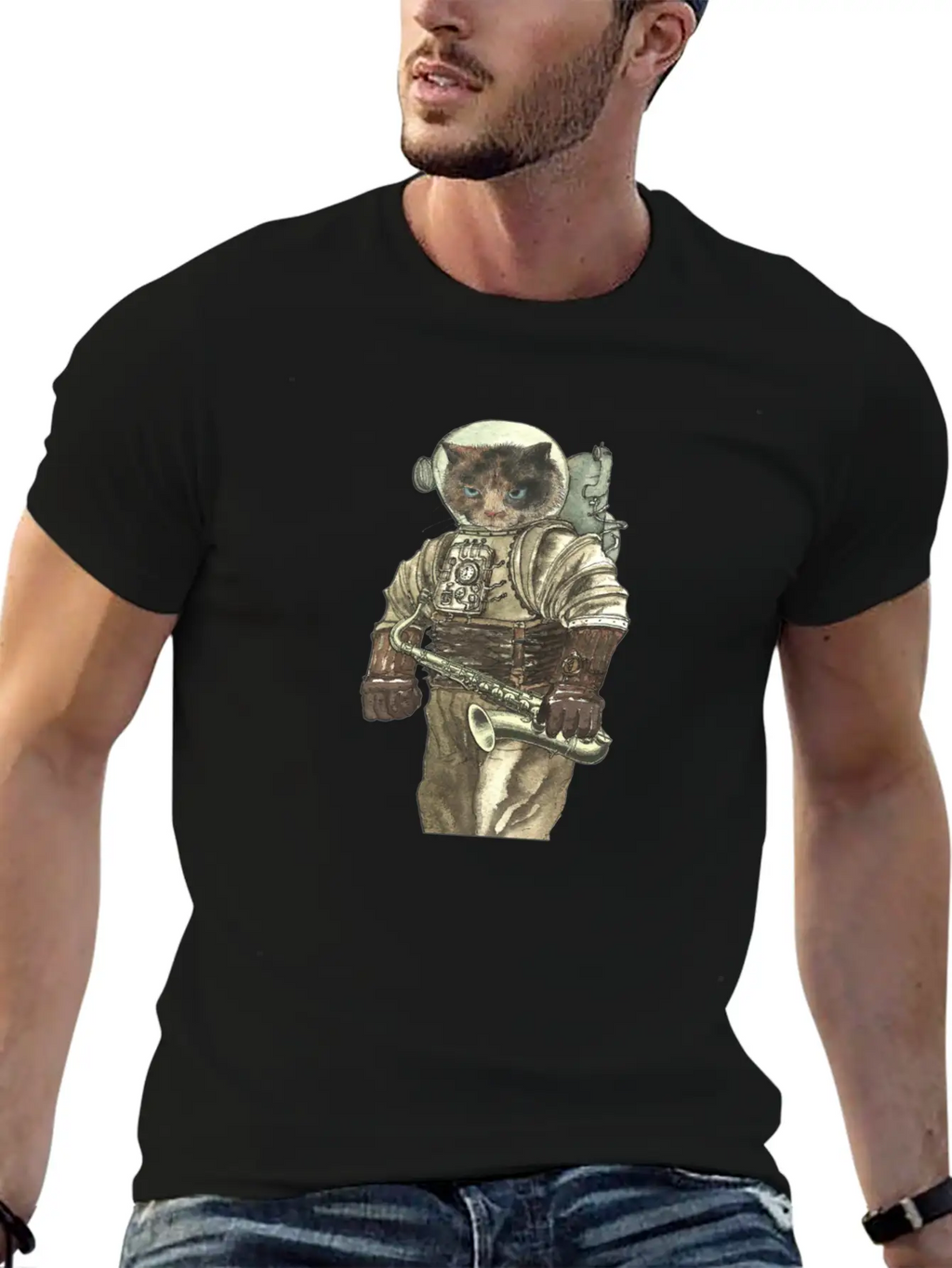 Space Cat With Saxophone Stylish Everyday T-Shirt – Unisex Basic Cotton Tee