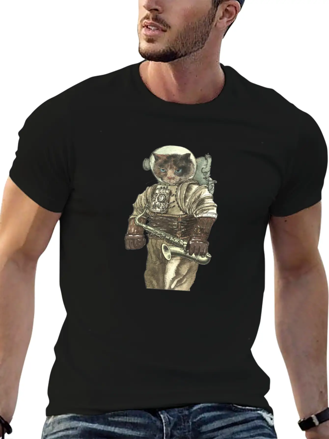 Space Cat With Saxophone Stylish Everyday T-Shirt – Unisex Basic Cotton Tee