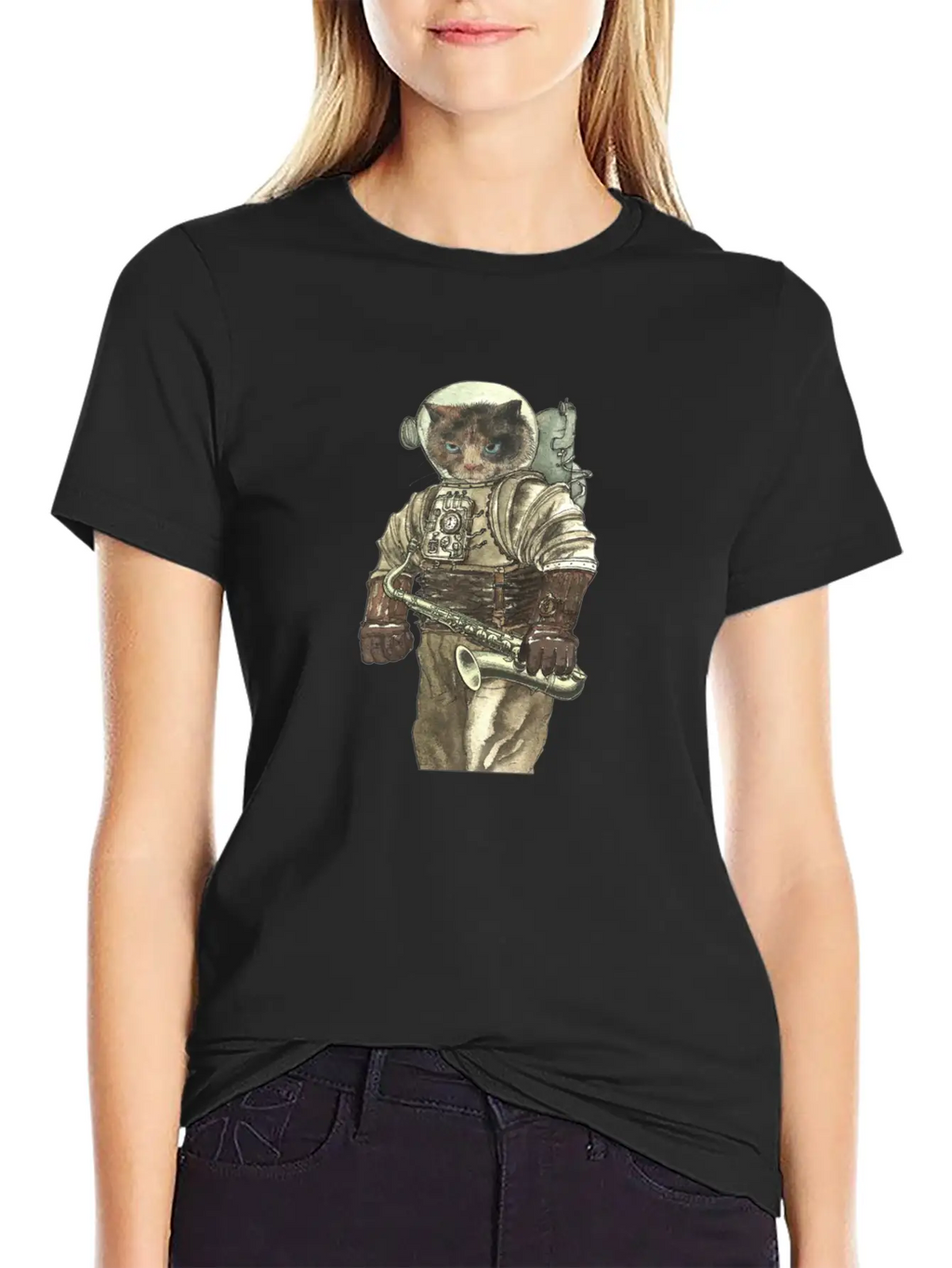 Space Cat With Saxophone Stylish Everyday T-Shirt – Unisex Basic Cotton Tee