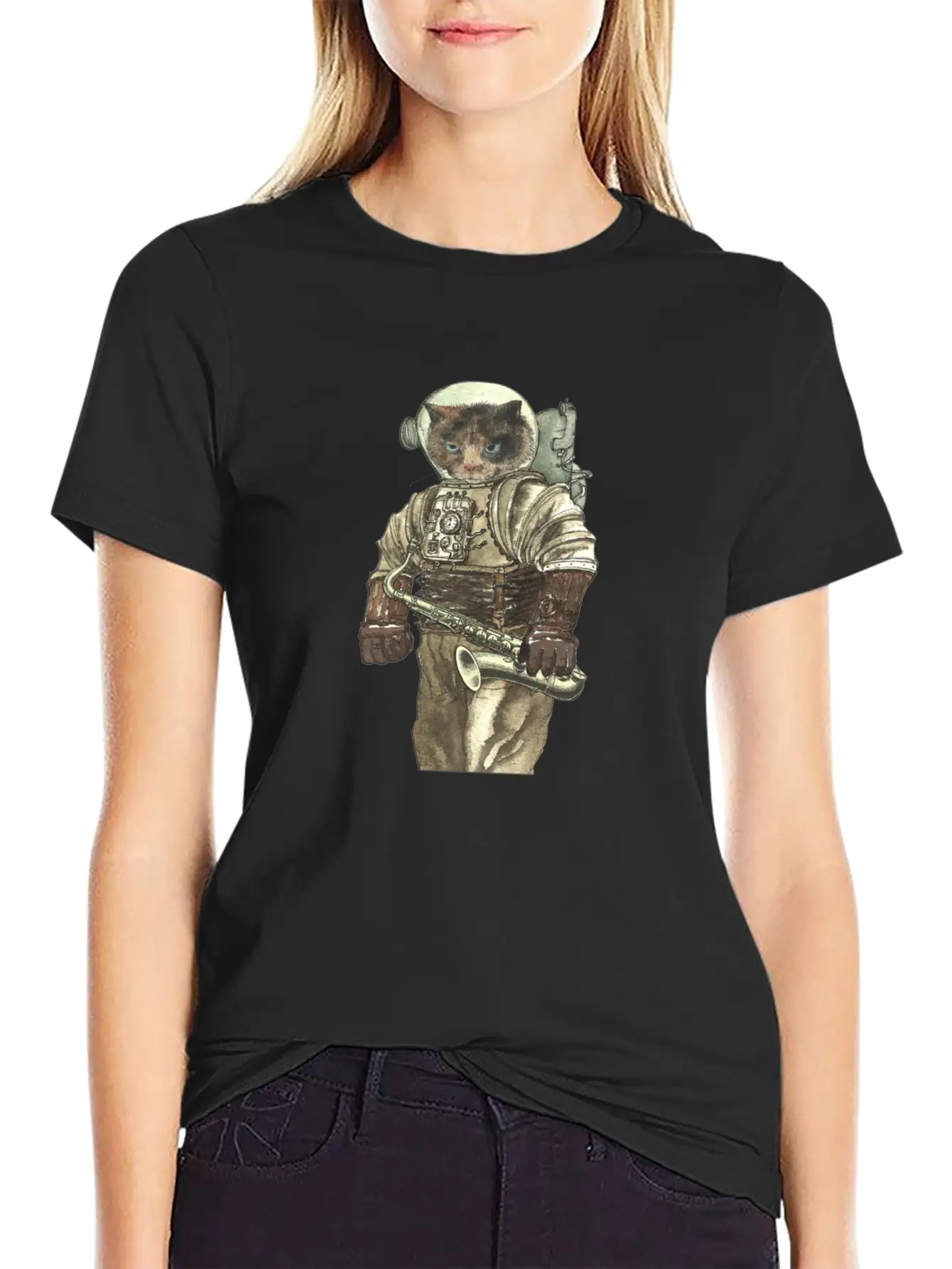 Space Cat With Saxophone Stylish Everyday T-Shirt – Unisex Basic Cotton Tee