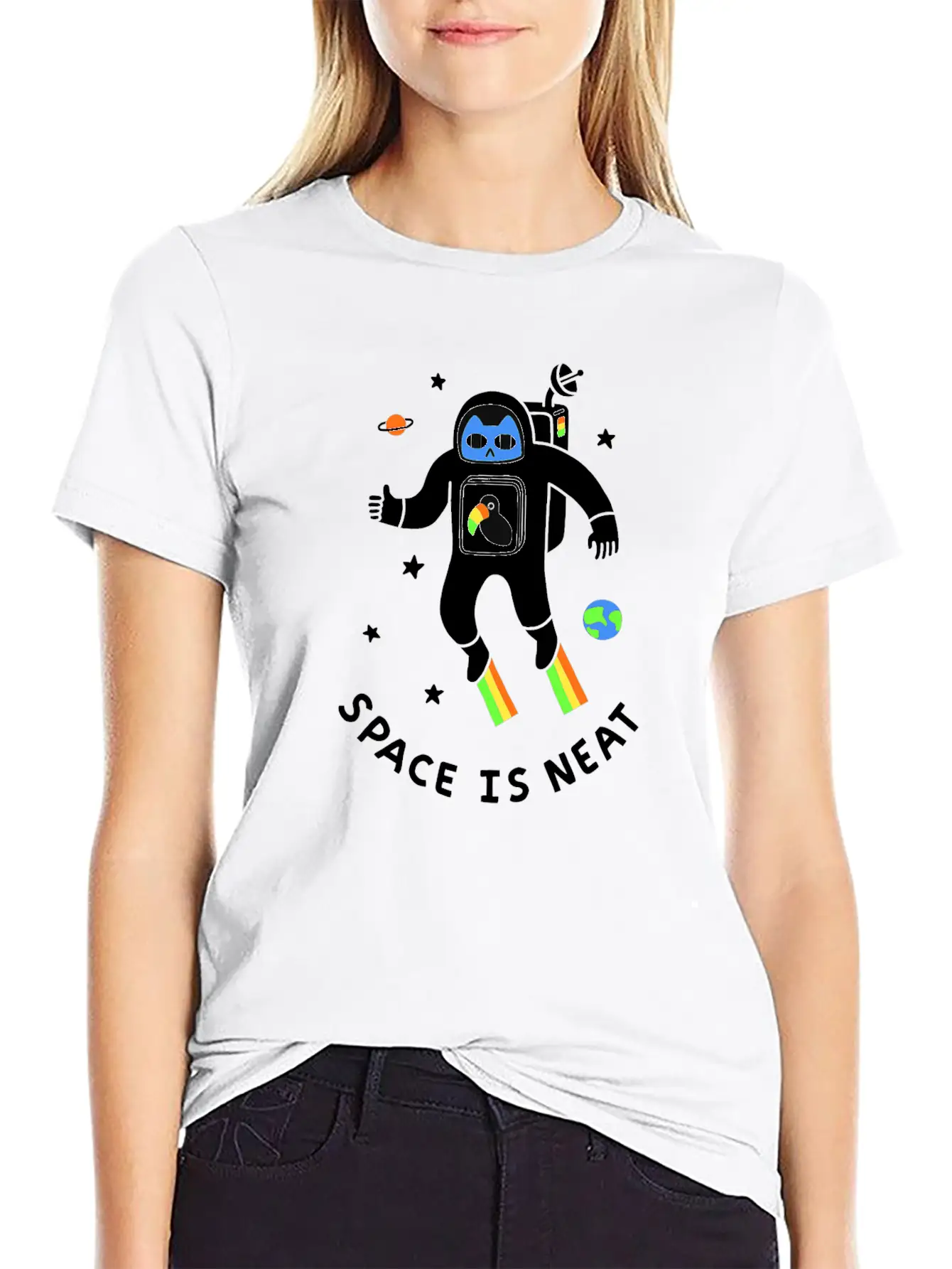 Space Is Neat Moon Space Cartoon Unisex Casual T-Shirt – Clean Design For Daily Comfort