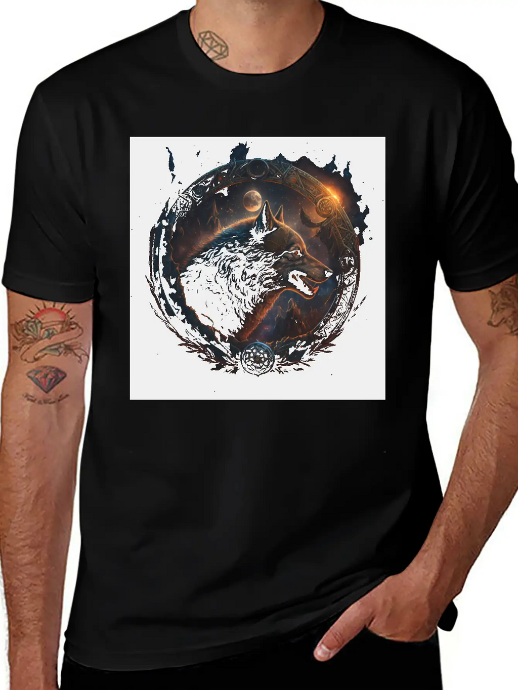 Space Wolf With Ornaments Essential Cotton Tee For Daily Outfits – Unisex Style