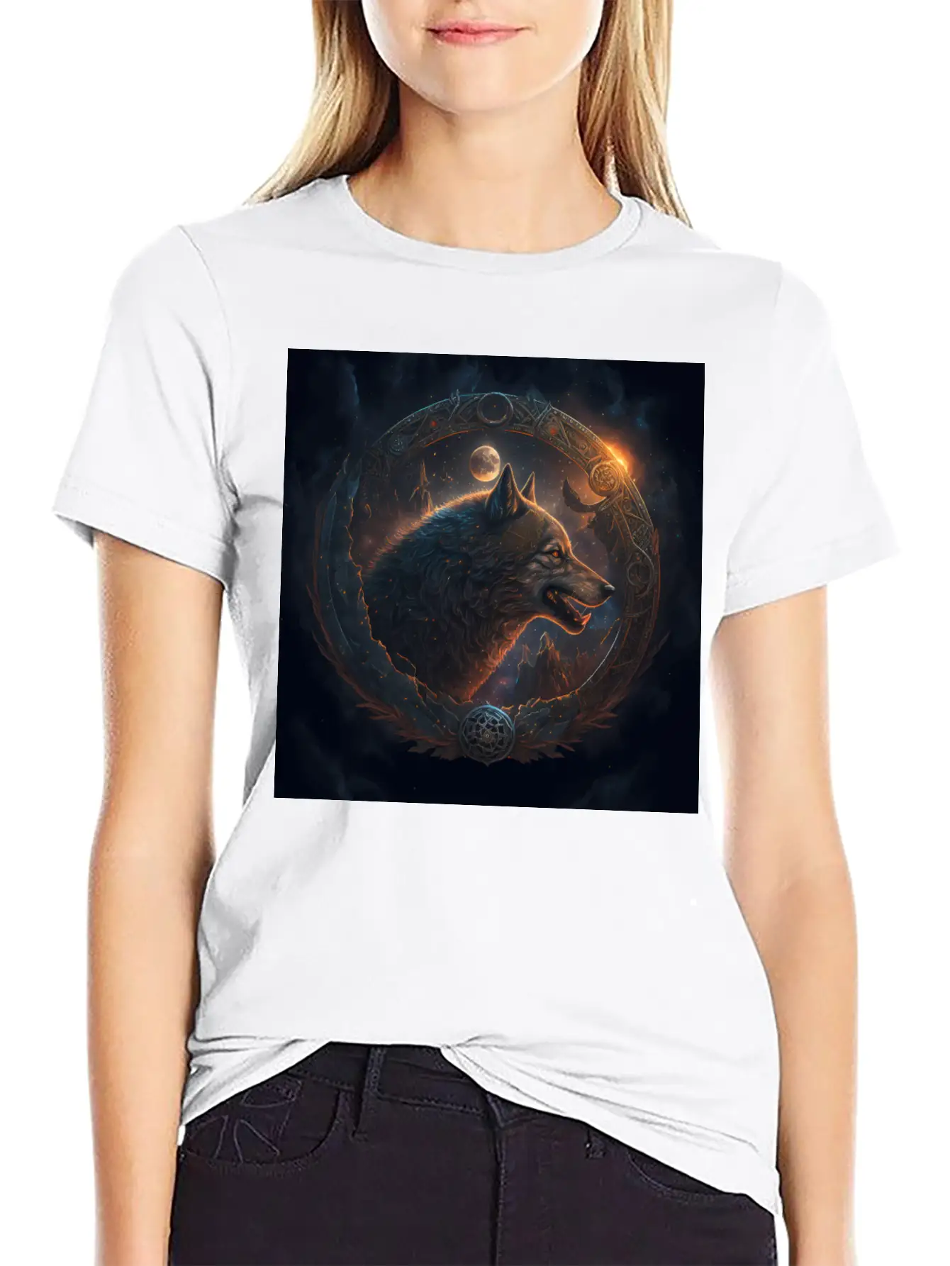 Space Wolf With Ornaments Essential Cotton Tee For Daily Outfits – Unisex Style