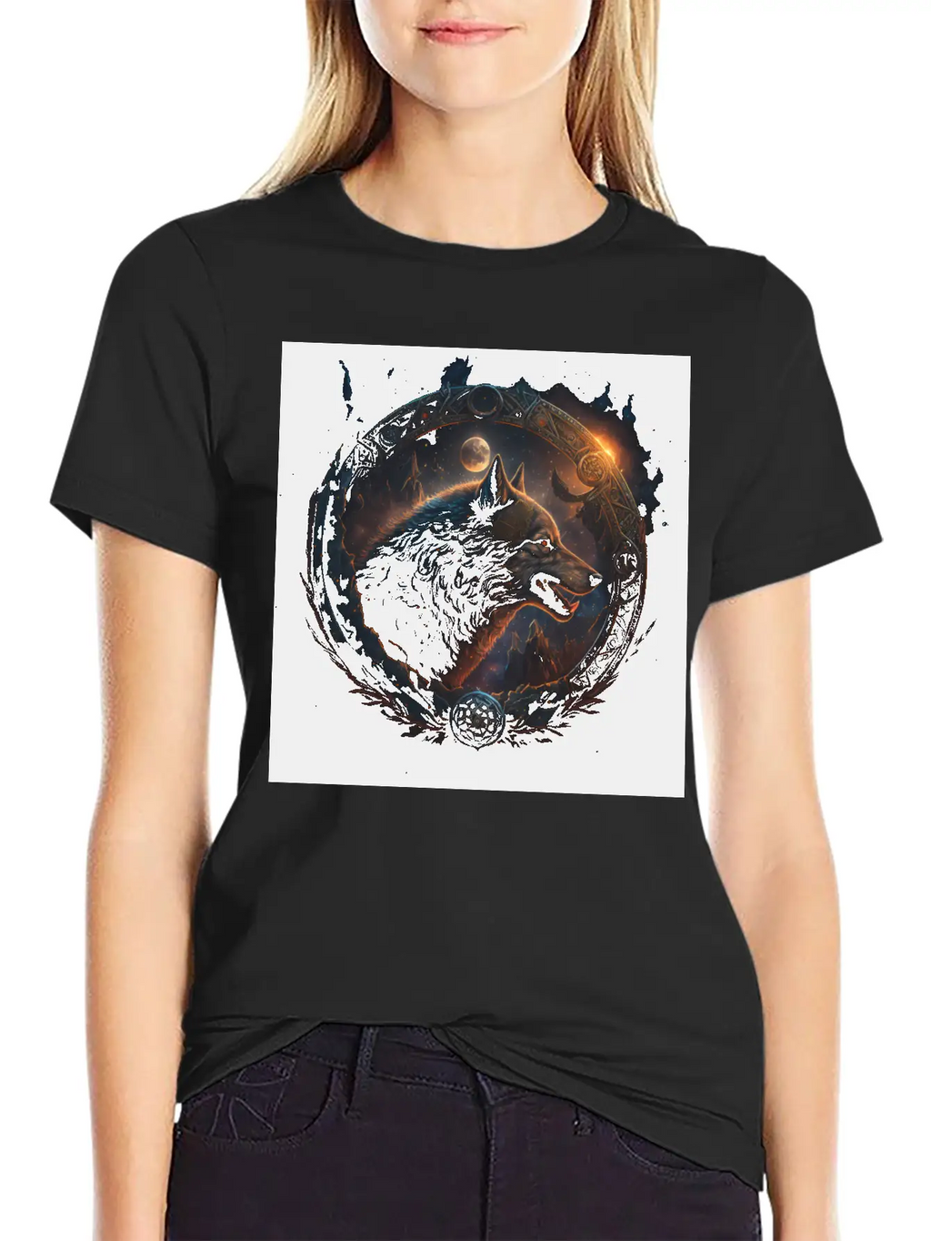Space Wolf With Ornaments Essential Cotton Tee For Daily Outfits – Unisex Style