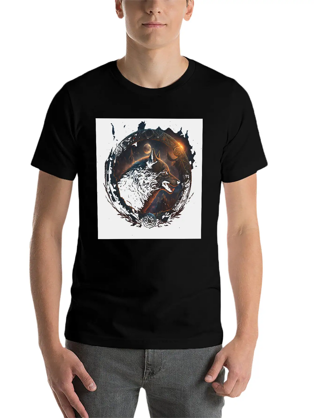 Space Wolf With Ornaments Essential Cotton Tee For Daily Outfits – Unisex Style