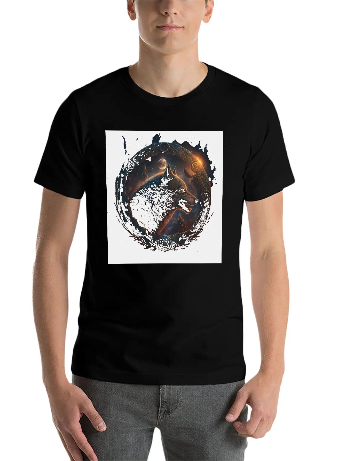 Space Wolf With Ornaments Essential Cotton Tee For Daily Outfits – Unisex Style