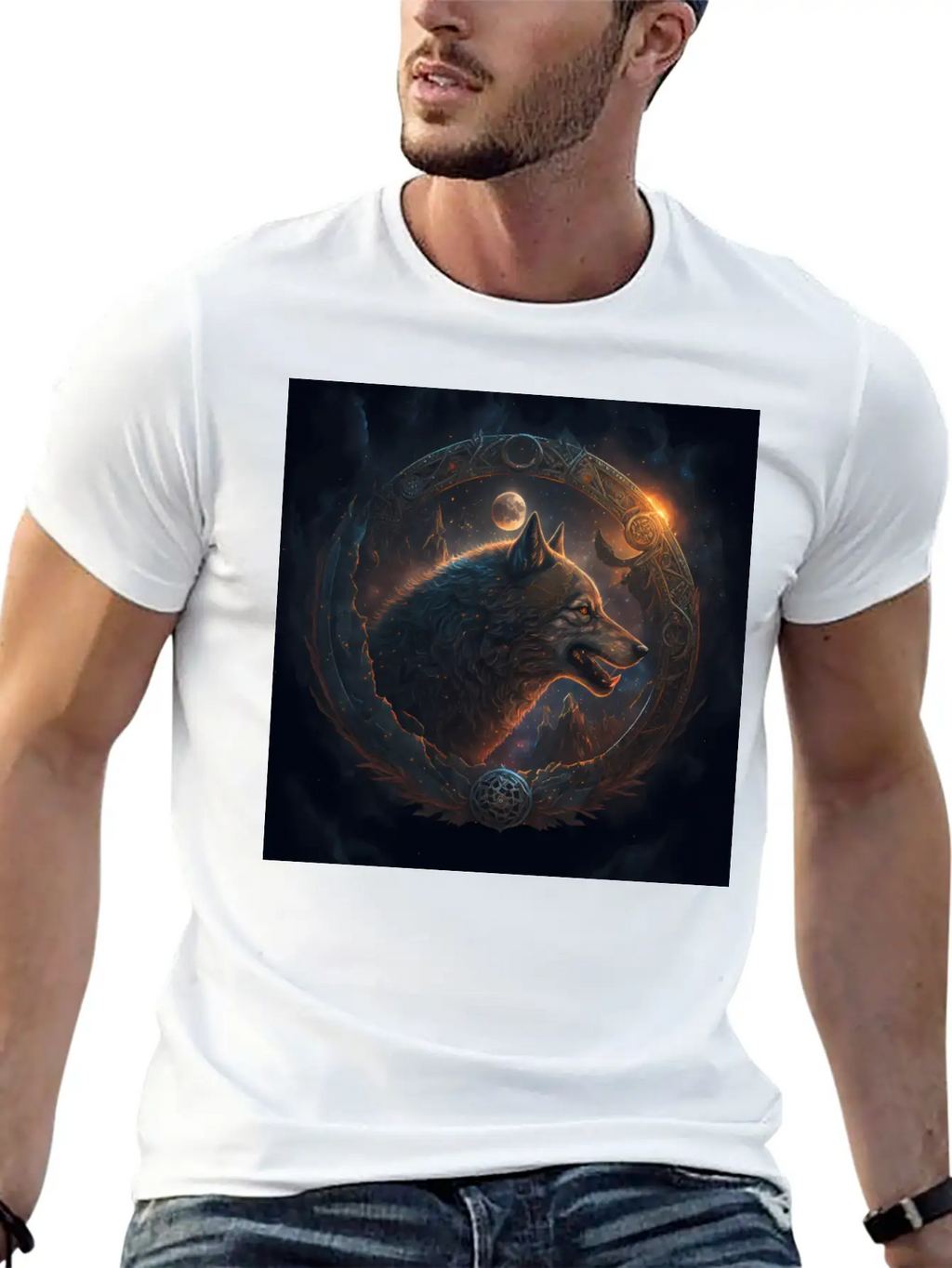 Space Wolf With Ornaments Essential Cotton Tee For Daily Outfits – Unisex Style