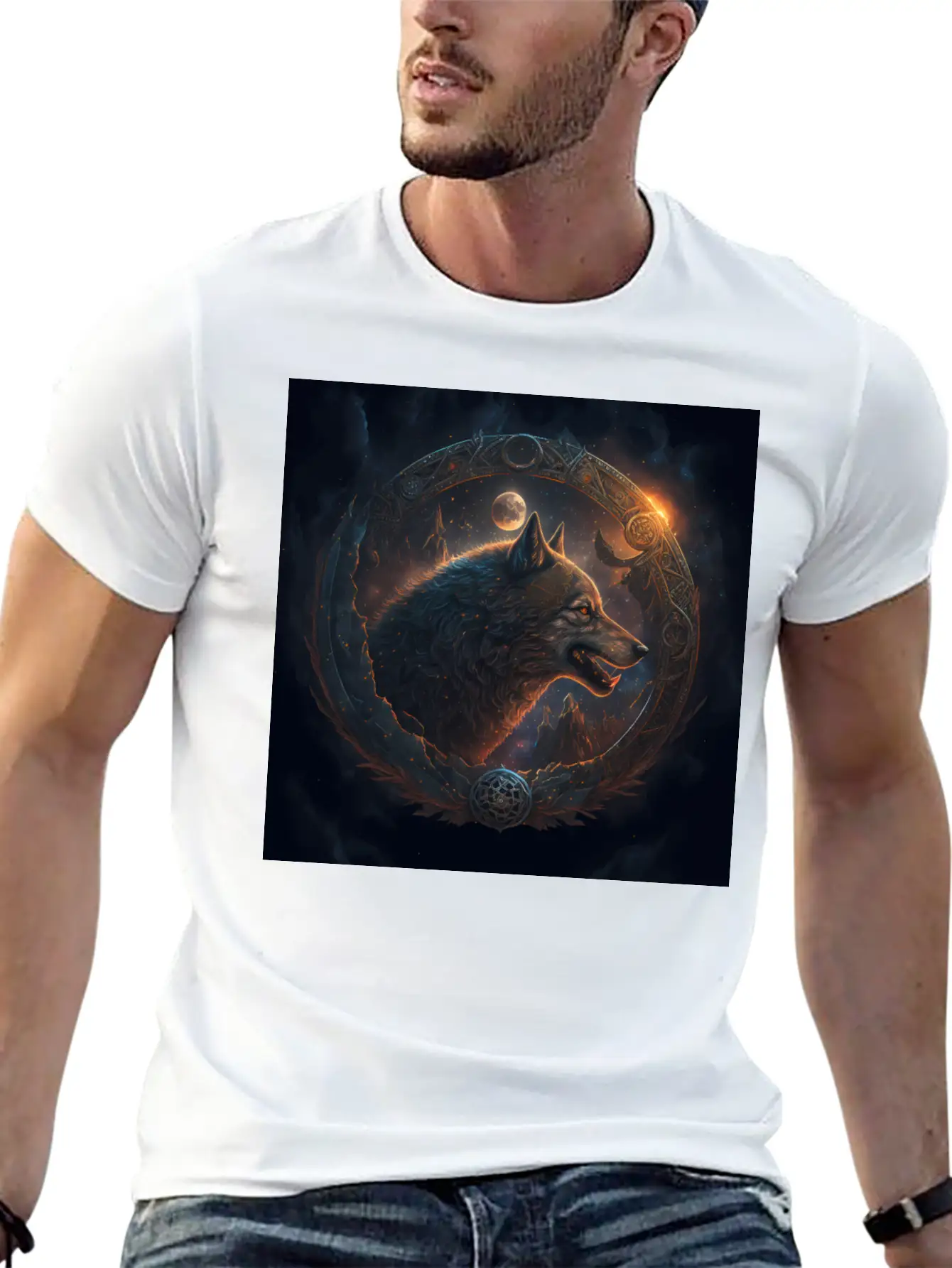 Space Wolf With Ornaments Essential Cotton Tee For Daily Outfits – Unisex Style