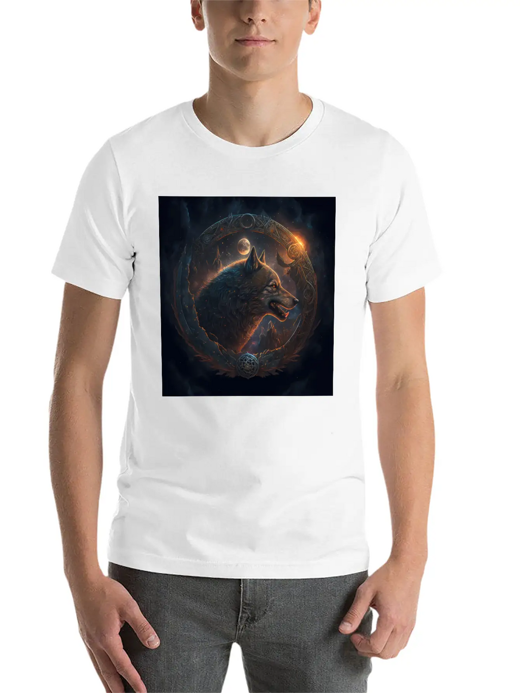 Space Wolf With Ornaments Essential Cotton Tee For Daily Outfits – Unisex Style