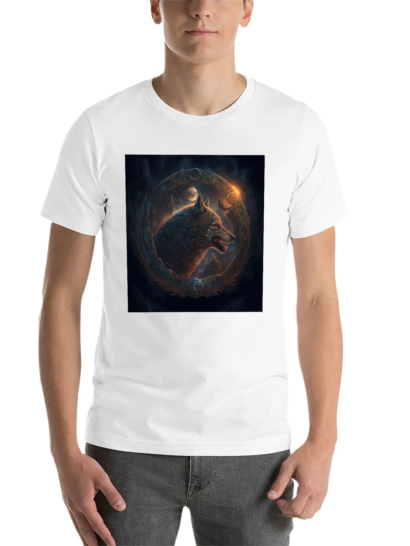 Space Wolf With Ornaments Essential Cotton Tee For Daily Outfits – Unisex Style
