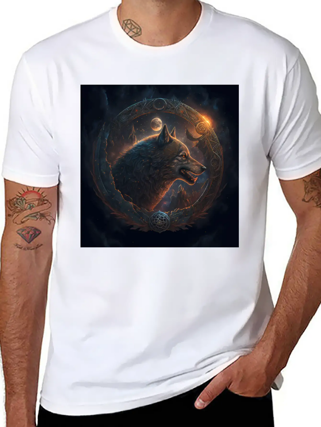 Space Wolf With Ornaments Essential Cotton Tee For Daily Outfits – Unisex Style