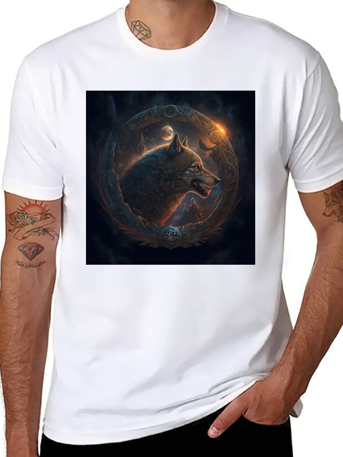 Space Wolf With Ornaments Essential Cotton Tee For Daily Outfits – Unisex Style