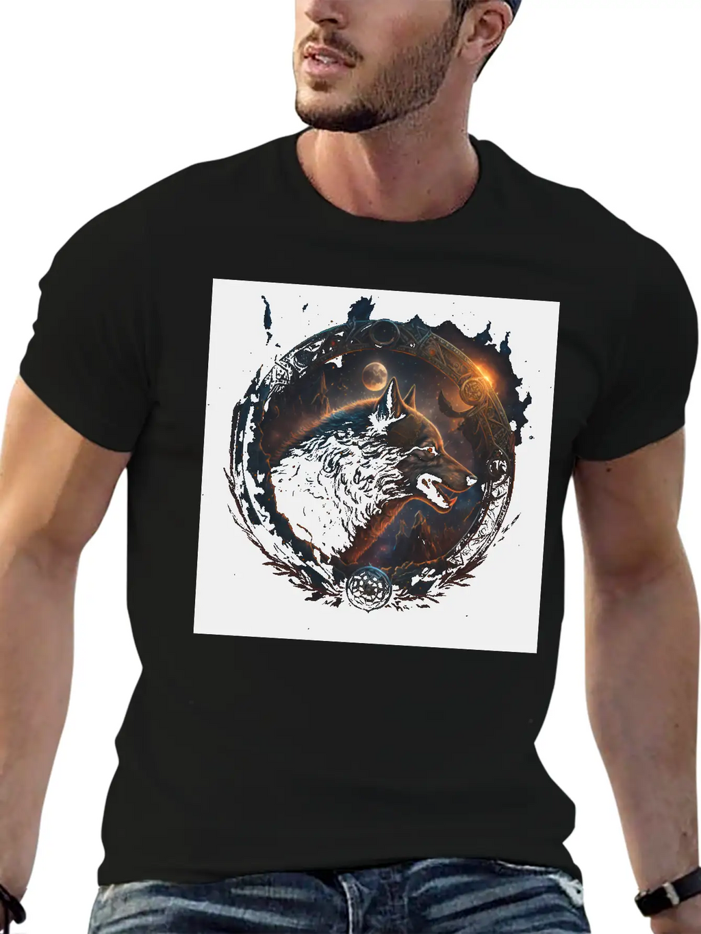 Space Wolf With Ornaments Essential Cotton Tee For Daily Outfits – Unisex Style