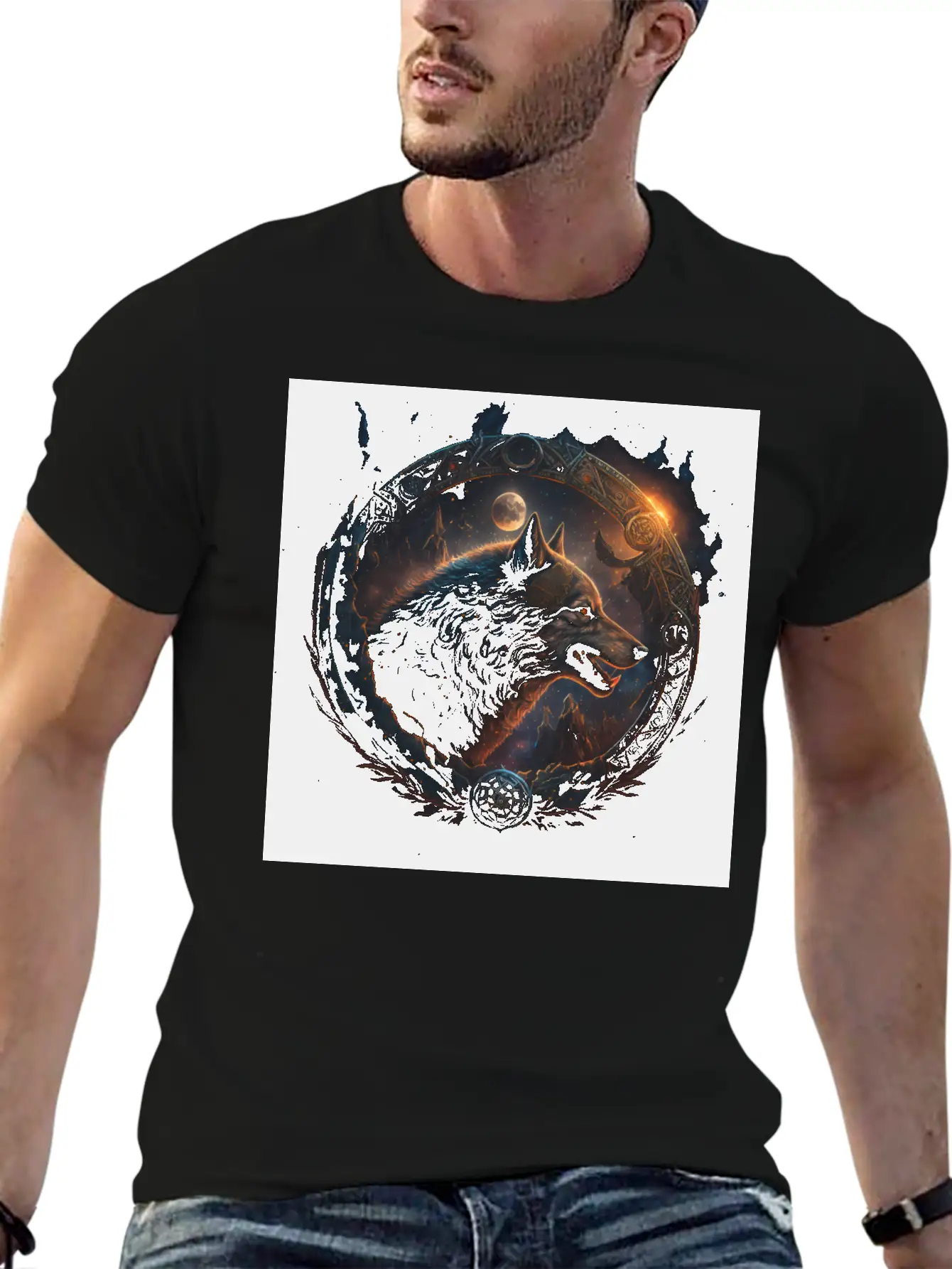 Space Wolf With Ornaments Essential Cotton Tee For Daily Outfits – Unisex Style