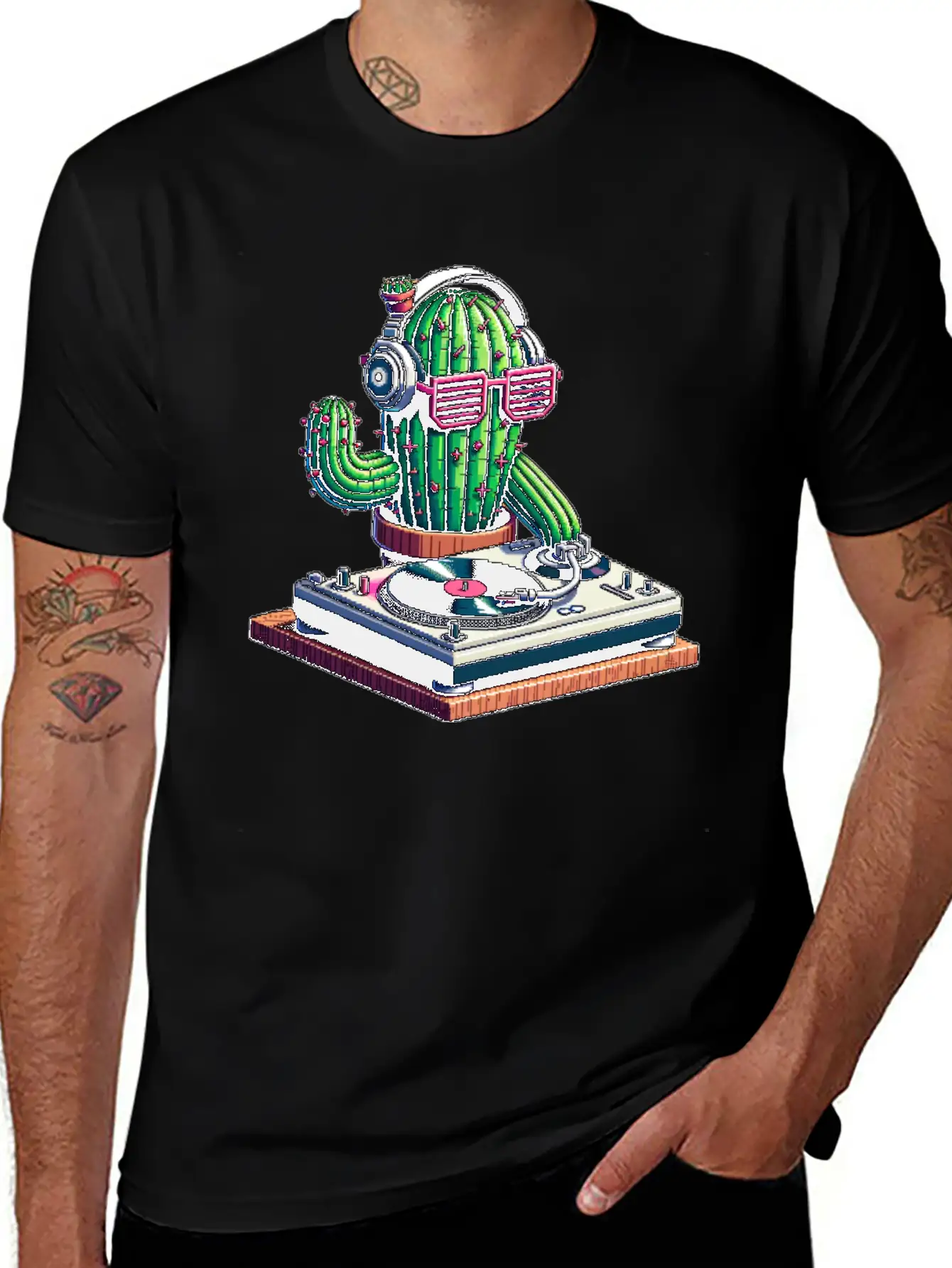 Spiky Tunes DJ Cactus - Cyberpunk Pixel Art Breathable Soft Cotton T-Shirt – Timeless Casual Look