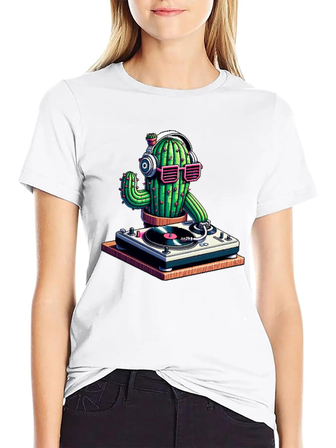 Spiky Tunes DJ Cactus - Cyberpunk Pixel Art Breathable Soft Cotton T-Shirt – Timeless Casual Look