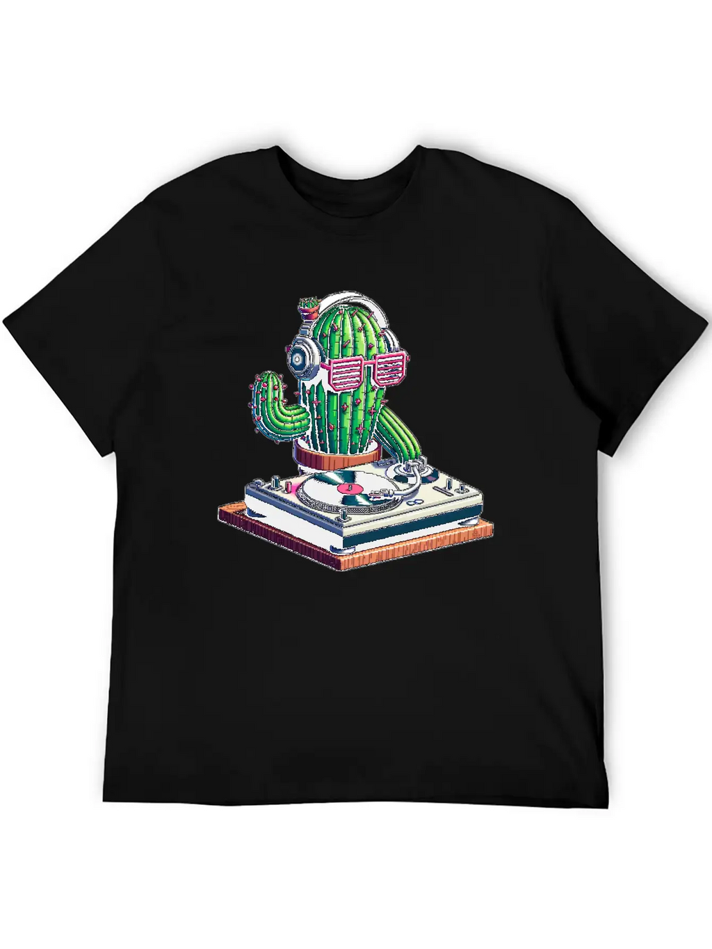 Spiky Tunes DJ Cactus - Cyberpunk Pixel Art Breathable Soft Cotton T-Shirt – Timeless Casual Look