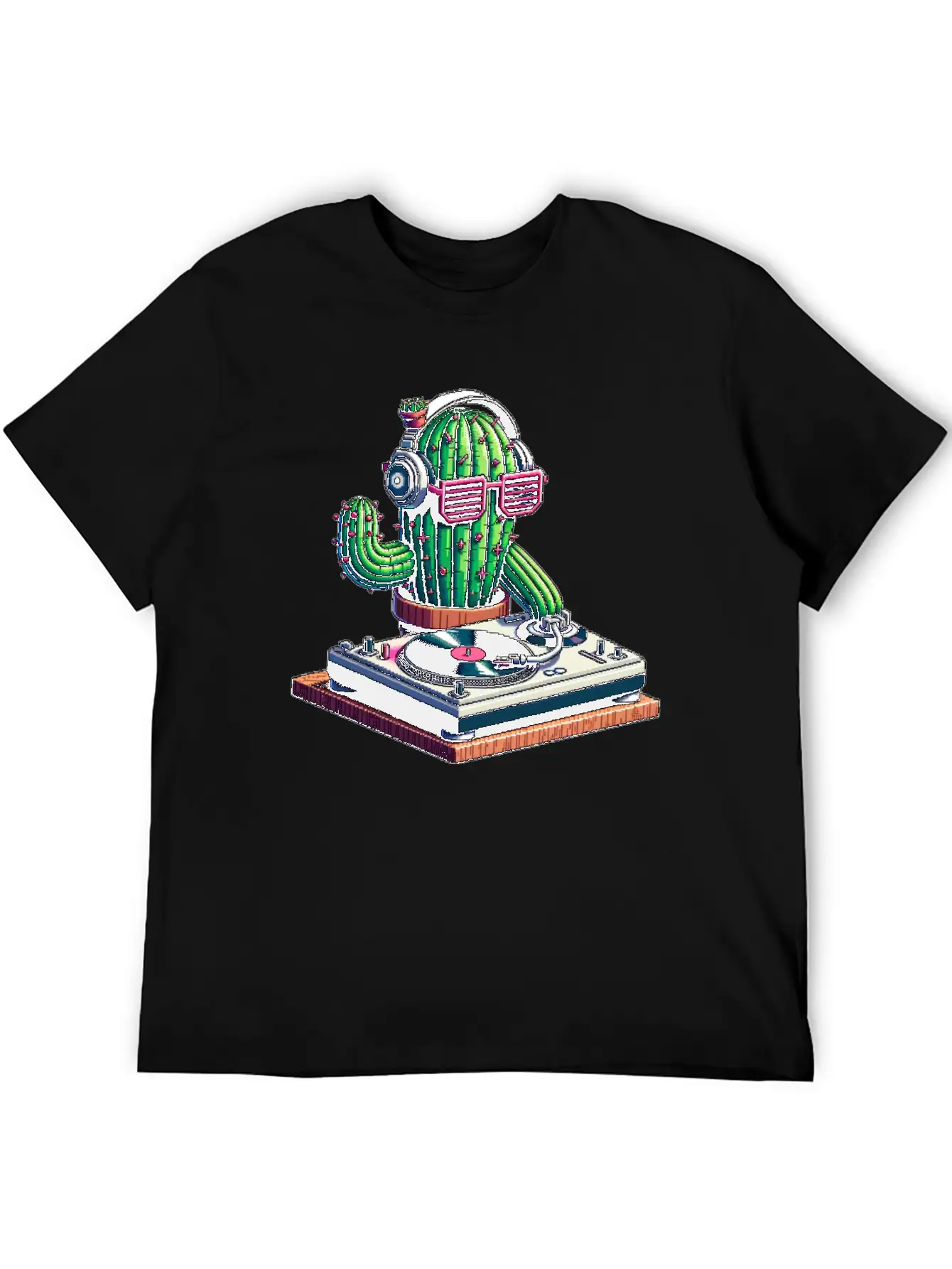 Spiky Tunes DJ Cactus - Cyberpunk Pixel Art Breathable Soft Cotton T-Shirt – Timeless Casual Look