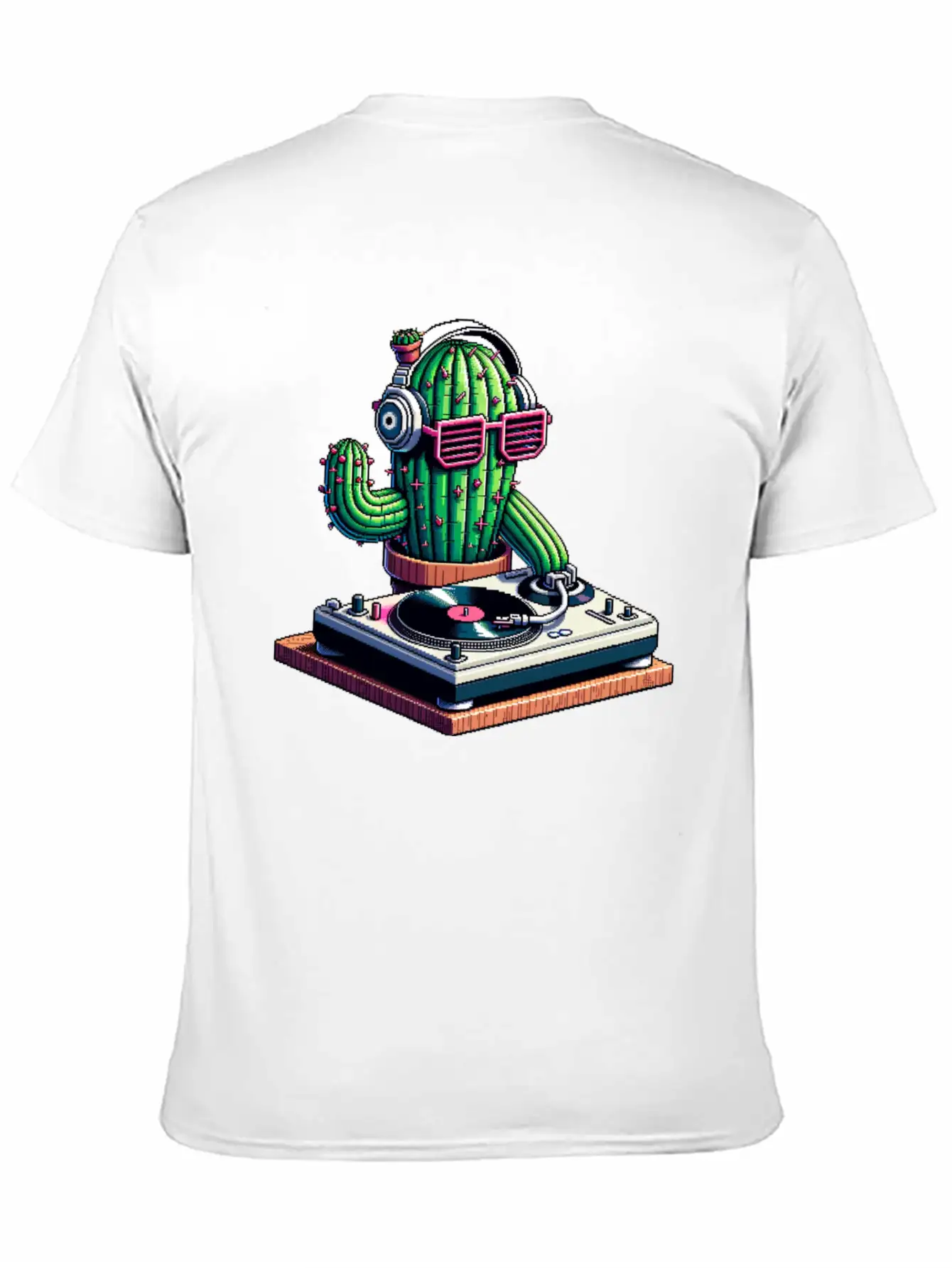 Spiky Tunes DJ Cactus - Cyberpunk Pixel Art Breathable Soft Cotton T-Shirt – Timeless Casual Look