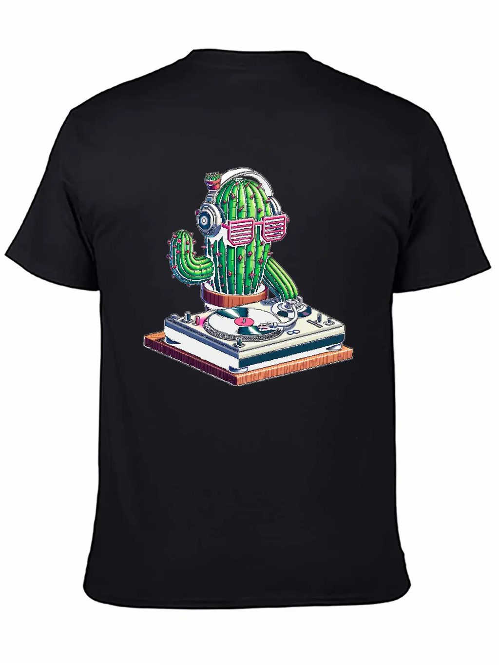 Spiky Tunes DJ Cactus - Cyberpunk Pixel Art Breathable Soft Cotton T-Shirt – Timeless Casual Look