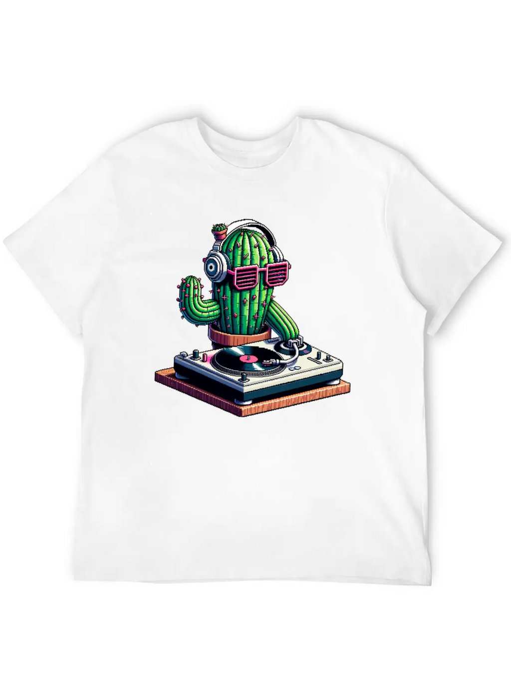 Spiky Tunes DJ Cactus - Cyberpunk Pixel Art Breathable Soft Cotton T-Shirt – Timeless Casual Look