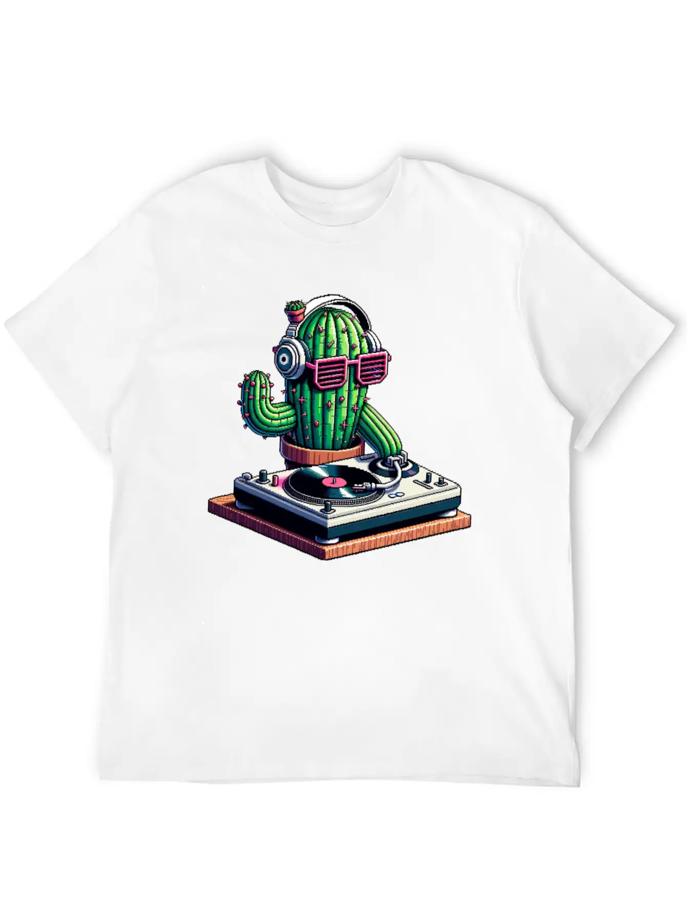 Spiky Tunes DJ Cactus - Cyberpunk Pixel Art Breathable Soft Cotton T-Shirt – Timeless Casual Look