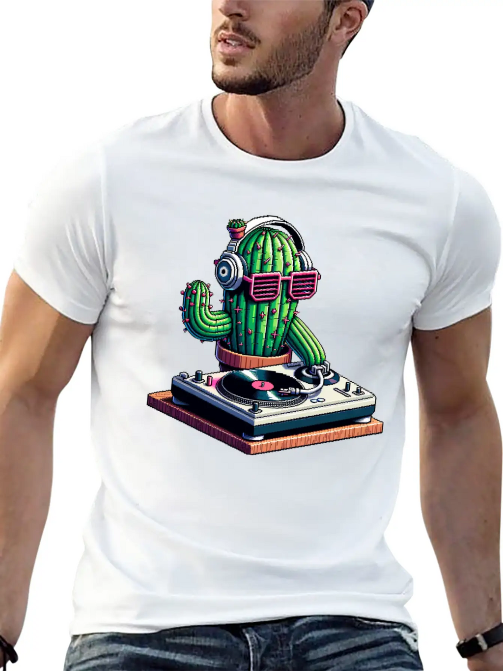 Spiky Tunes DJ Cactus - Cyberpunk Pixel Art Breathable Soft Cotton T-Shirt – Timeless Casual Look