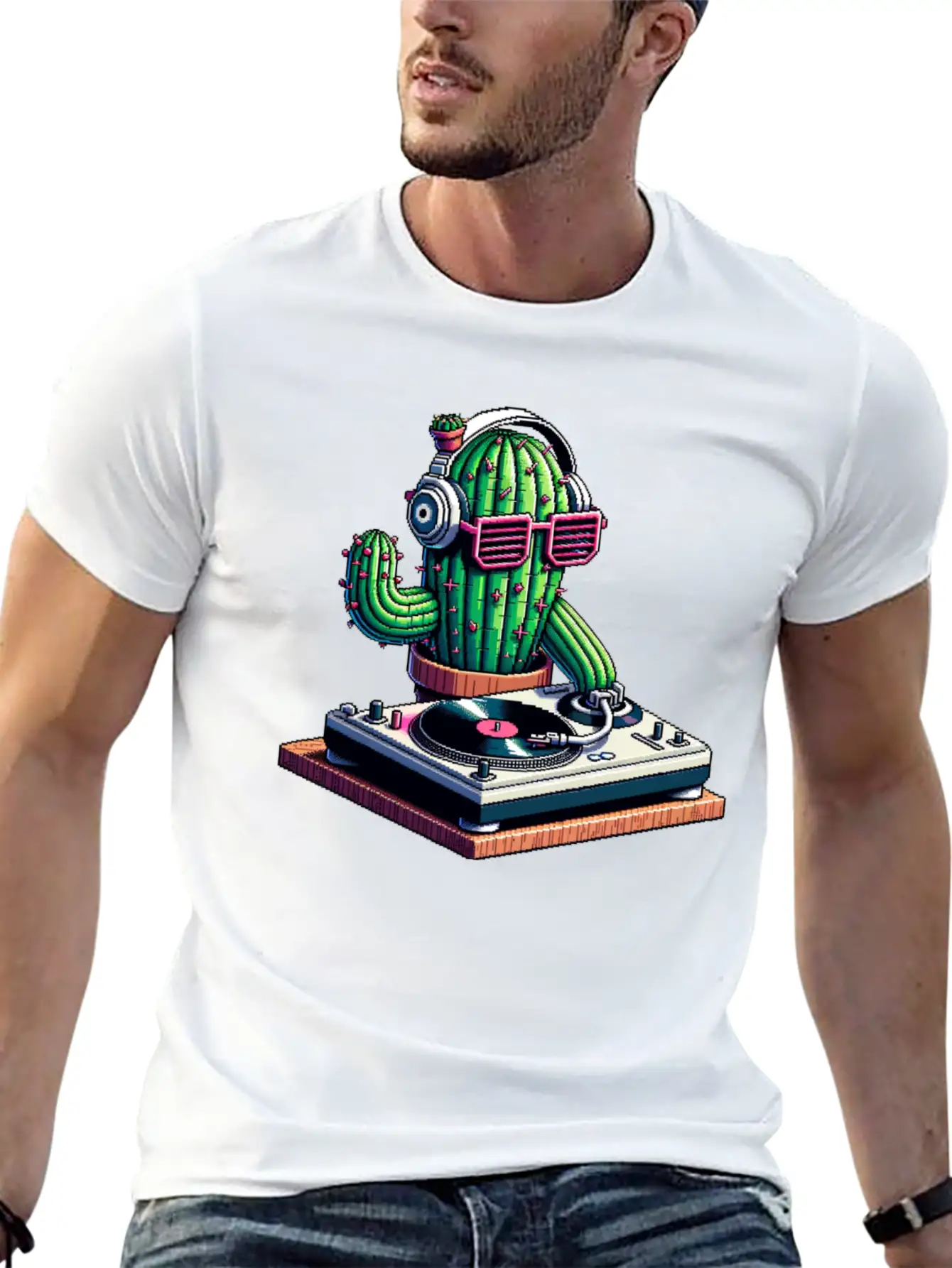 Spiky Tunes DJ Cactus - Cyberpunk Pixel Art Breathable Soft Cotton T-Shirt – Timeless Casual Look